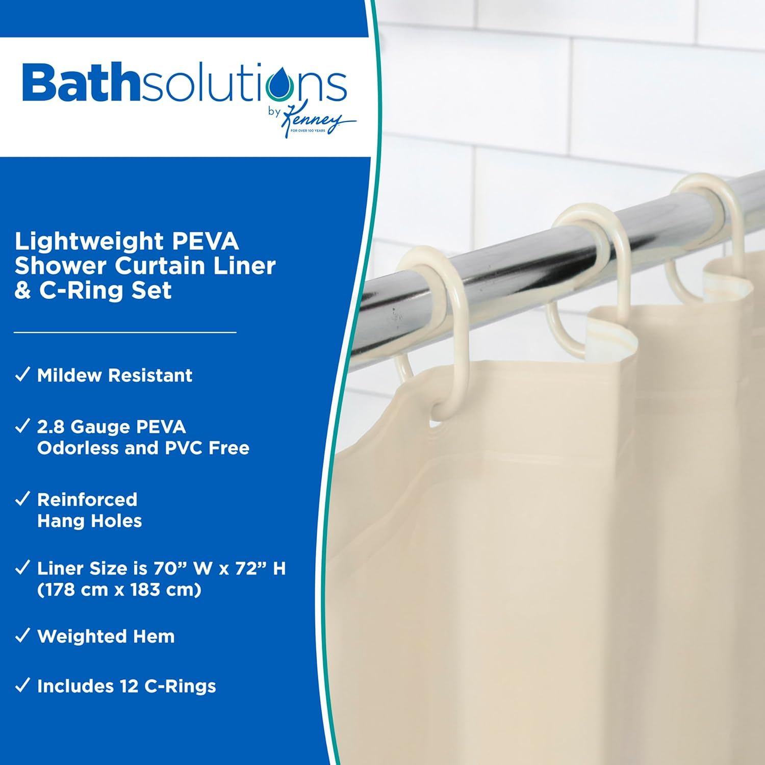 Kenney KN61756 Lightweight 3 Gauge Waterproof PEVA Shower Curtain Liner with Durable Eyelet Hang Holes, Weighted Magnetic Hem, and 12 Piece Plastic C-Ring Set for Bathroom, 70" W x 72" H, Cream