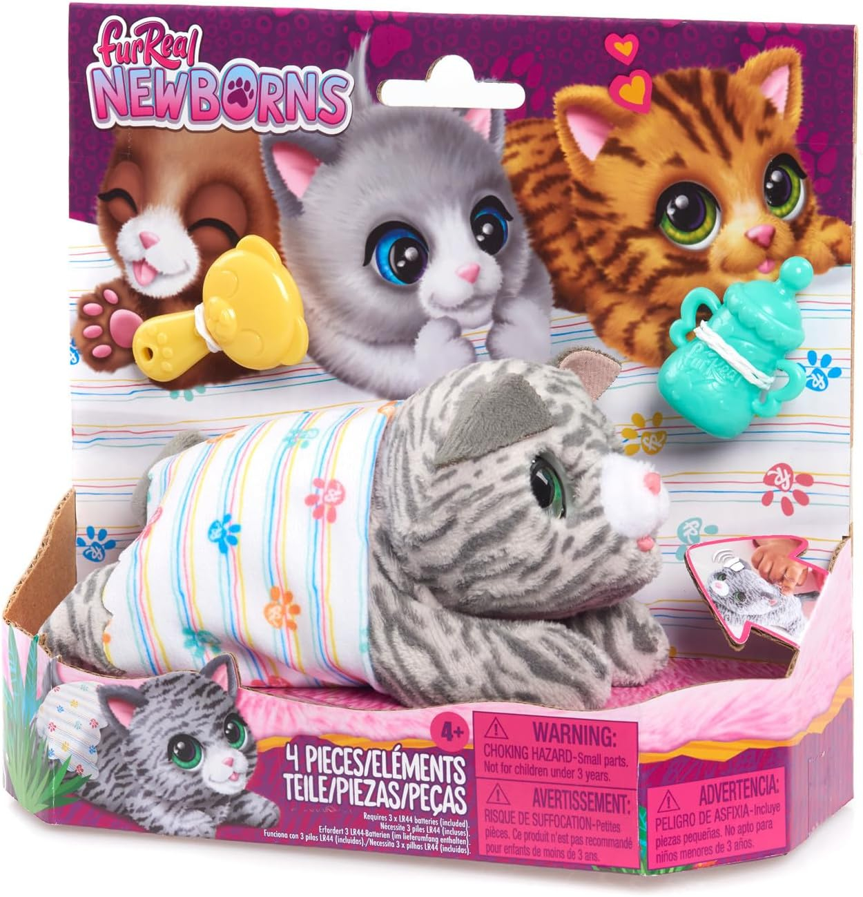 furReal Newborns Kitty Interactive Pet, Small Plush Stuffed Animal Cat with Sounds and Movement, Faux Fur, Kids Toys for Ages 4 up