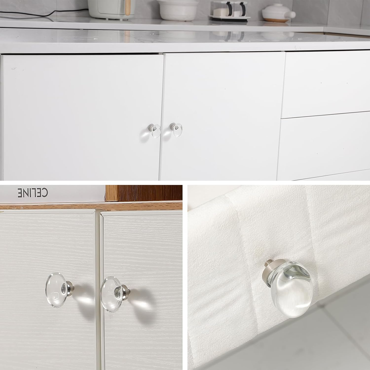 16 Pack Glass Cabinet Knobs and Pulls, Oval Crystal Knobs for Dresser Drawers, Brushed Nickel Kitchen Cabinet Knobs Egg Shape