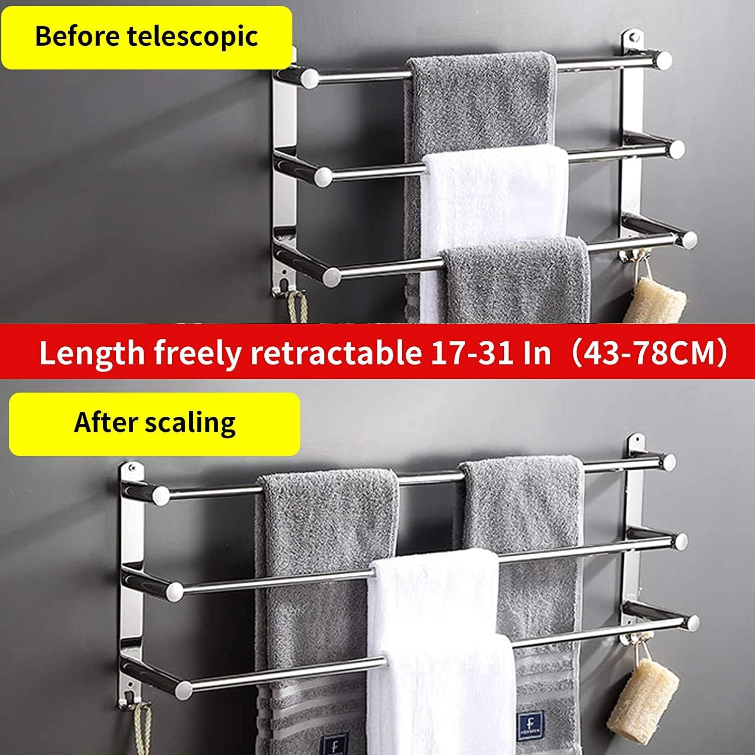 Towel Bars Hanger Freely Retractable 20-30 Inche Stainless Steel 304 Bath Rack Strong 3M Adhesive Bathroom Wall Free mounting Hole-Installing washroom Kitchen Space Saving 3 Bars