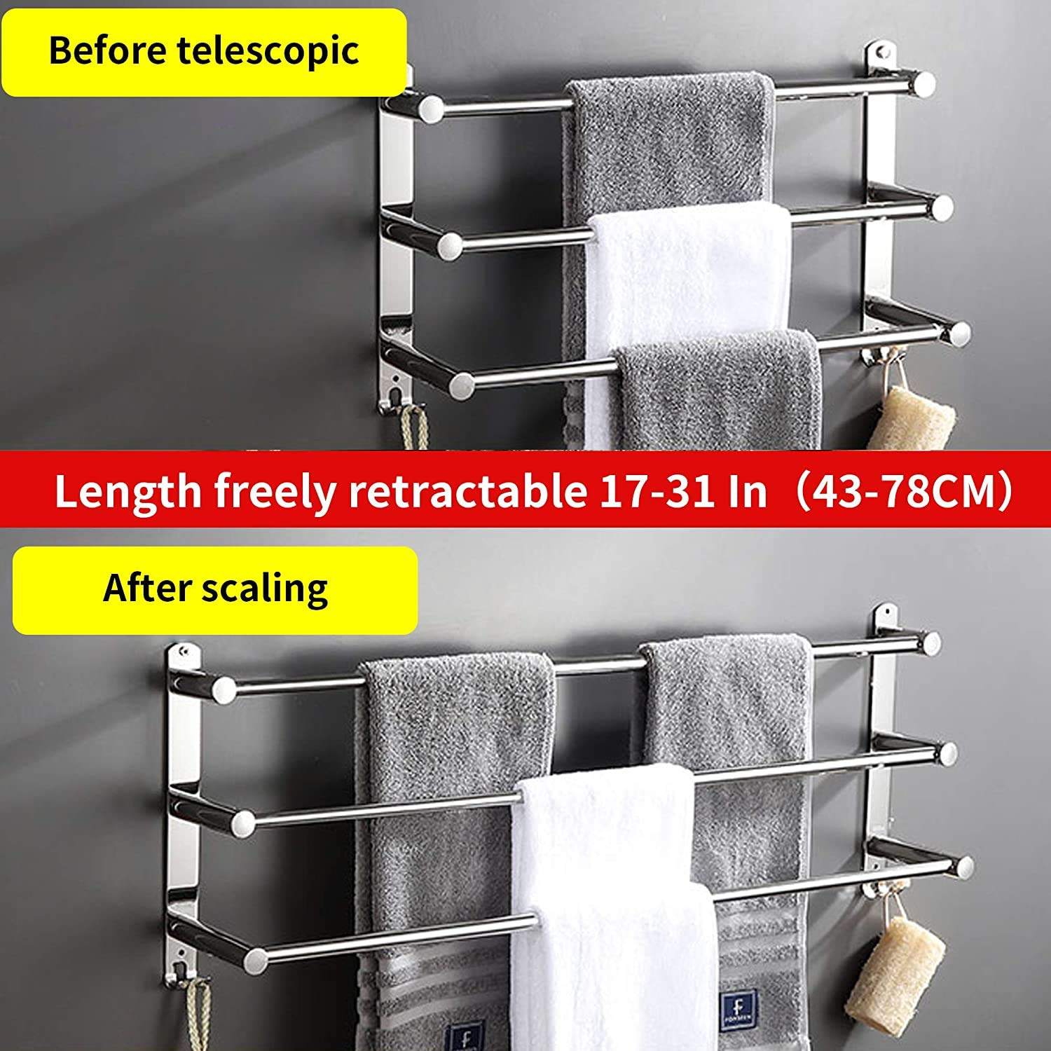 Towel Bars Hanger Freely Retractable 20-30 Inche Stainless Steel 304 Bath Rack Strong 3M Adhesive Bathroom Wall Free mounting Hole-Installing washroom Kitchen Space Saving 3 Bars