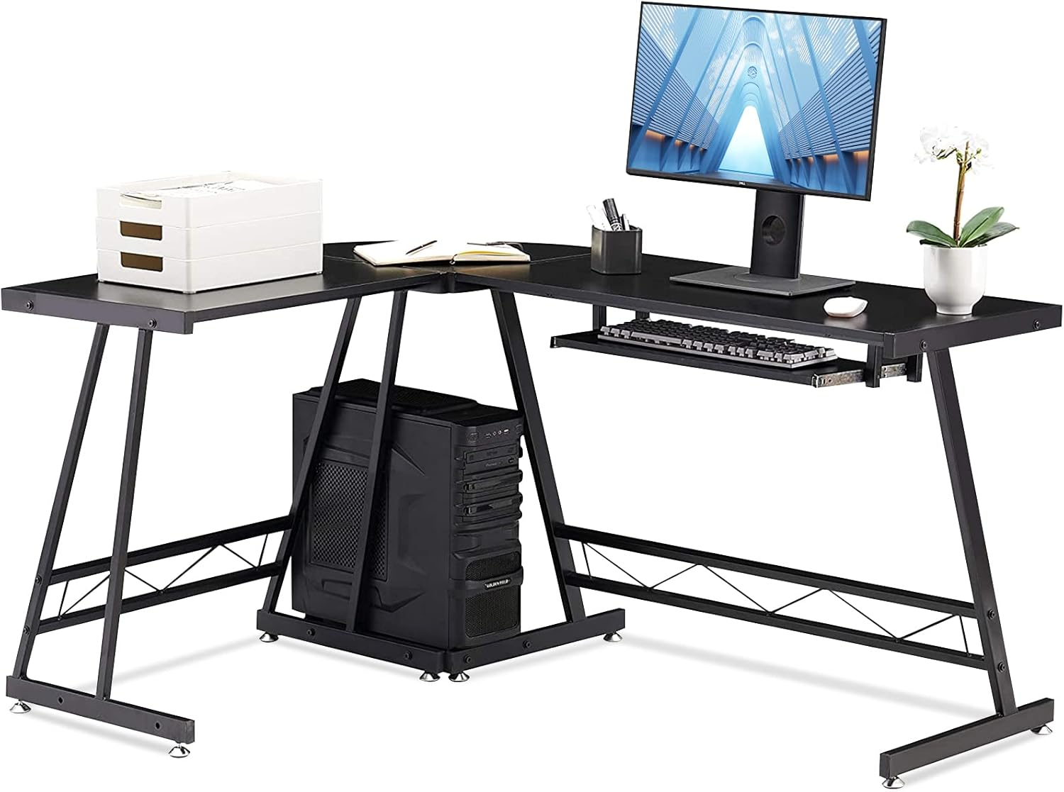 L-Shaped Computer Desk with CPU Stand Home Office Gaming Desk Writing Table Interchangeable Switch Board Computer Workstation PC Laptop Table with Keyboard Tray, Round Corner (Jet Black)
