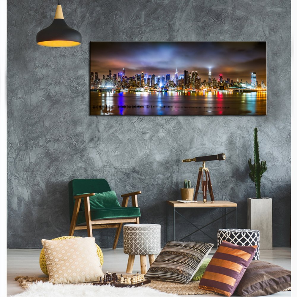 sechars - New York City Wall Art Manhattan Skyline Panorama on Cloudy Night Picture Giclee Art Print Modern Home Office Wall Decoration