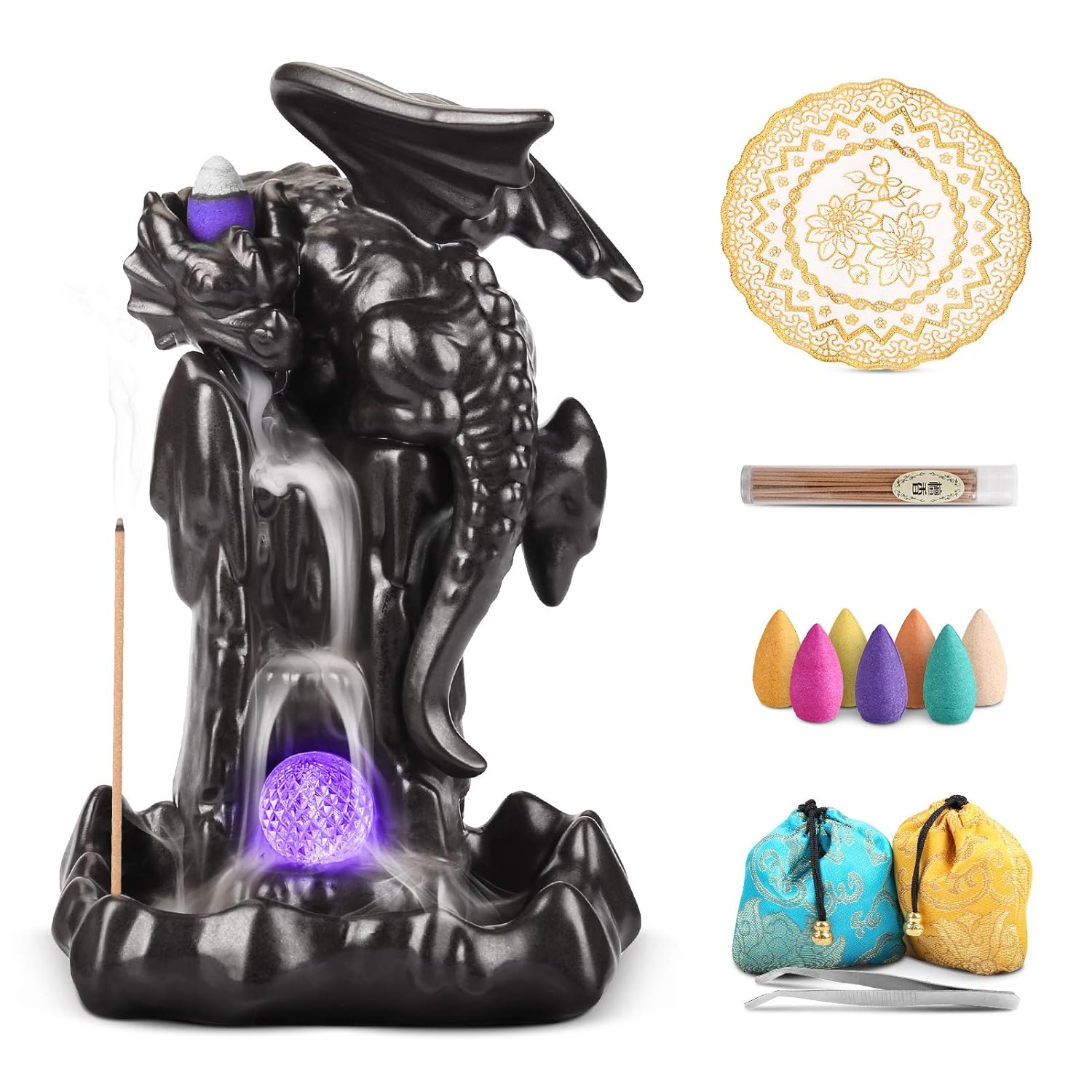 Ceramic Dragon Backflow Incense Holder - Waterfall Smoke Burner with 70 Cones + 50 Sticks, Mat & Tweezers, Unique Smoke Effect for Aromatherapy, Meditation & Home Decor (Brown)