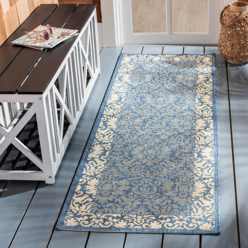 SAFAVIEH Courtyard Dani Damask Bordered Indoor/Outdoor Runner Rug, 2'3" x 12', Blue/Natural