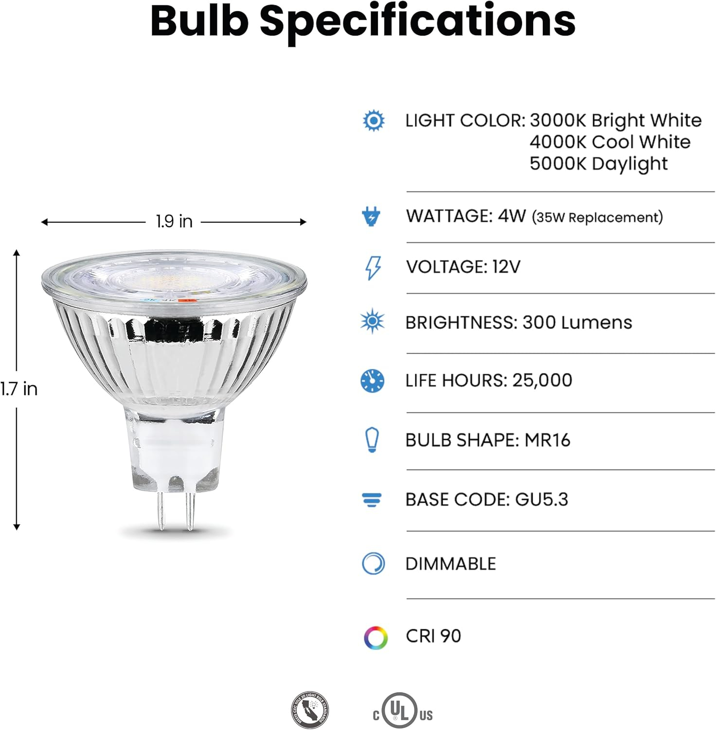 20W Equivalent MR16 GU5.3 Bi-Pin Dimmable 12V Track Light LED Flood Light Bulb 3000K/4000K/5000K Tunable White (18-Pack)