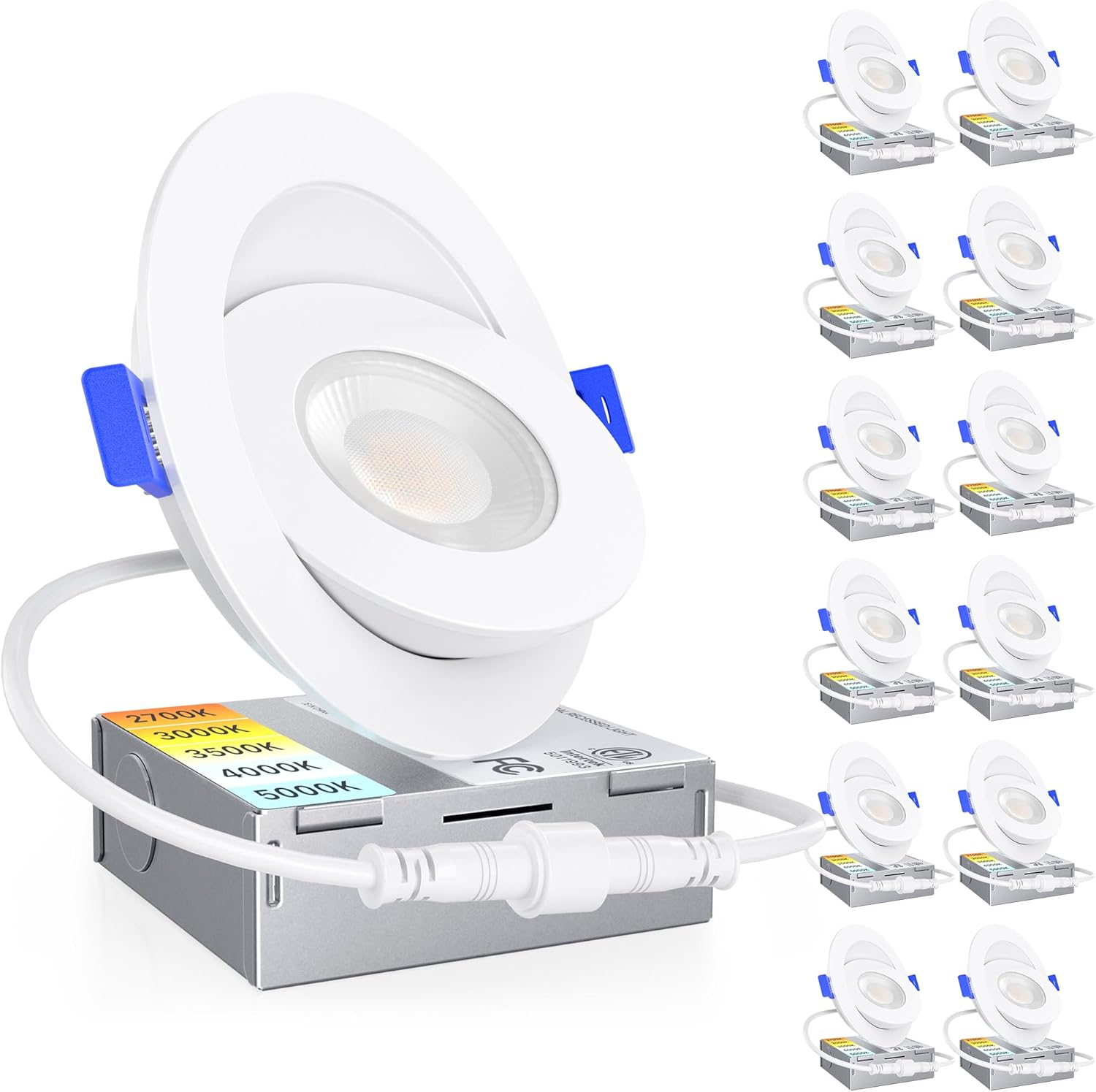 Ensenior 12 PACK 4 inch 5CCT LED Gimbal Led Recessed Light with Junction Box, 360°+90° Adjustable Directional Eyeball Lighting, Dimmable, 2700K/3000K/3500K/4000K/5000K, 950LM, 10W=85W-ETL&FCC