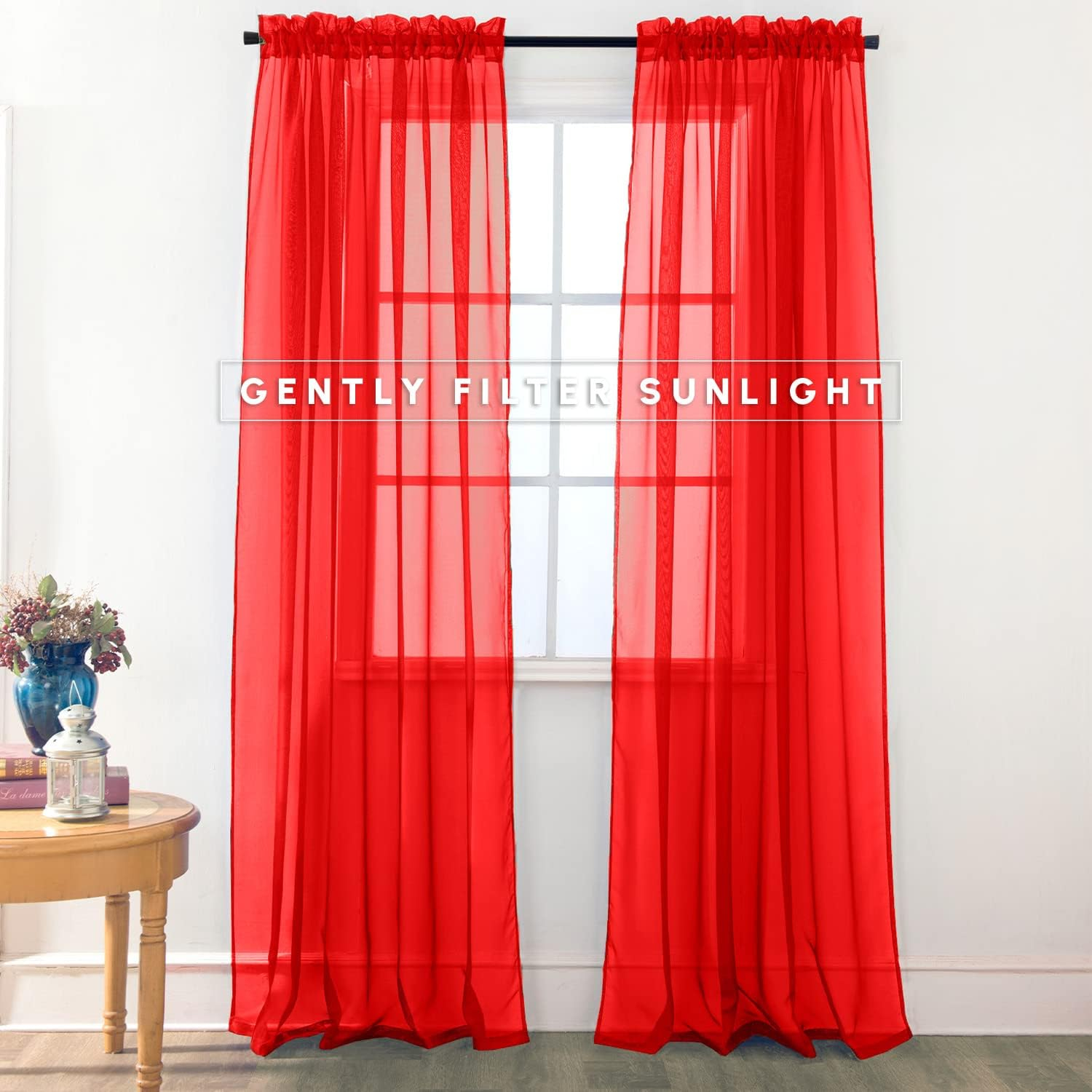 Elegant Comfort 2 Piece Solid SHEER PANEL with ROD POCKET - Window Curtain  60-inch width X 84-inch Length -  Red