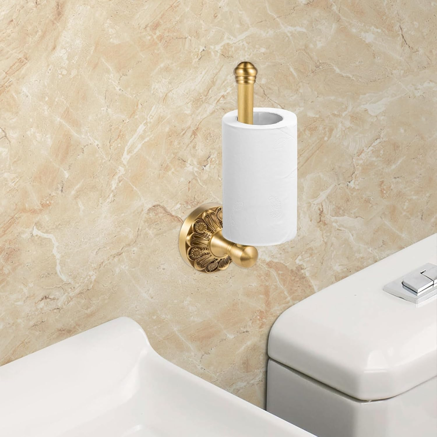 Lucyound Antique Brass Toilet Paper Holder, Bathroom Tissue Roll Holder Wall Mount, Vintage Gold Decorative Bathroom Accessories, Petal-Relief Series C3