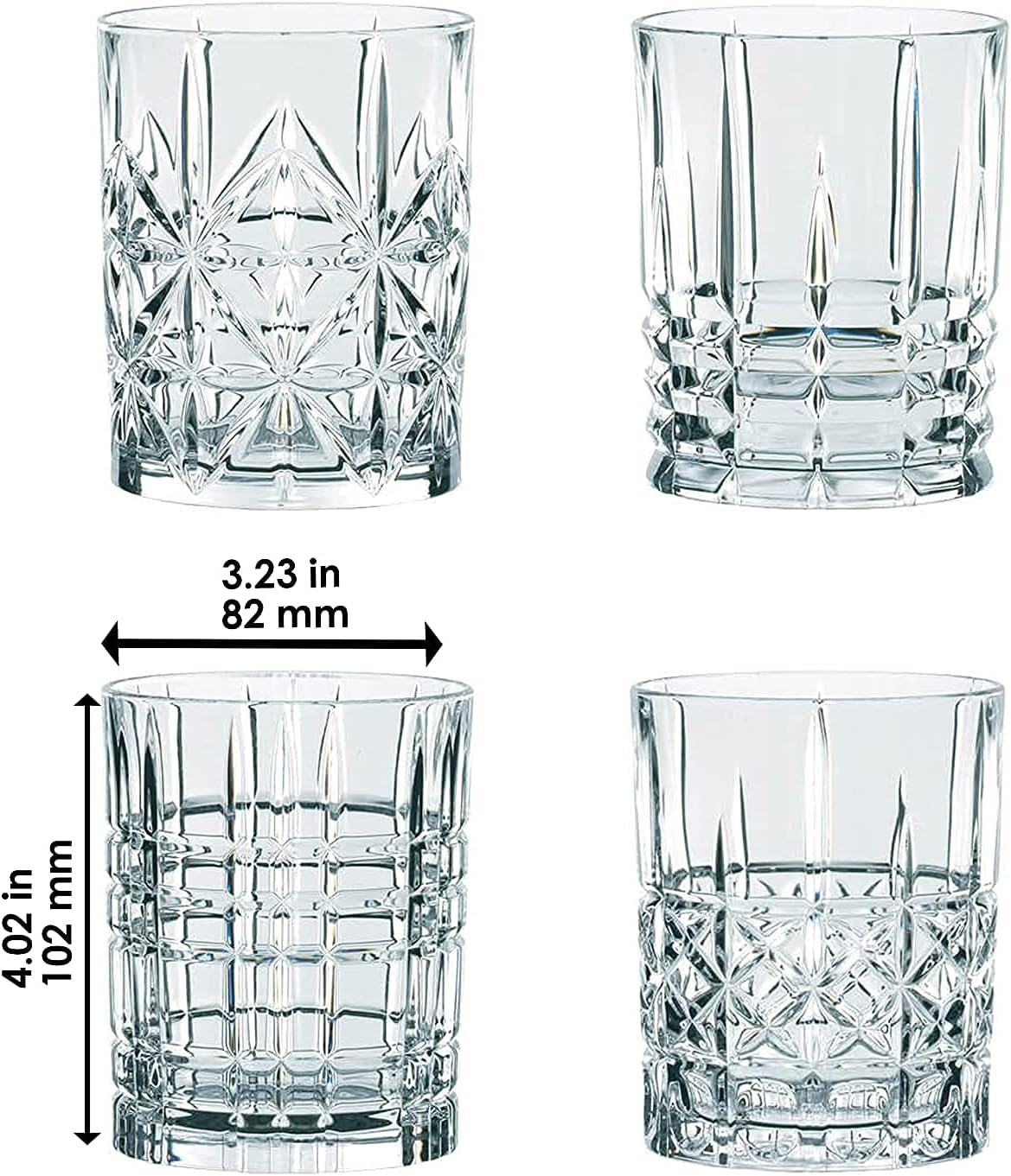 Nachtmann Highland 12-Ounce Whiskey Glass (Set of 4), 4-inch Whiskey Tumbler for Scotch, Rum, Spirits - Classic Barware, Dishwasher Safe Glassware - Classic Collectible Drinkware (Assorted Patterns)