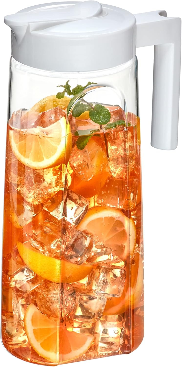 Amazing Abby - Slim - Tritan Pitcher (64 oz), Unbreakable Plastic Pitcher with Lid, BPA-Free, Heat-Resistant, Dishwasher-Safe, Great for Both Iced and Hot Drinks, Indoors and Outdoors, White