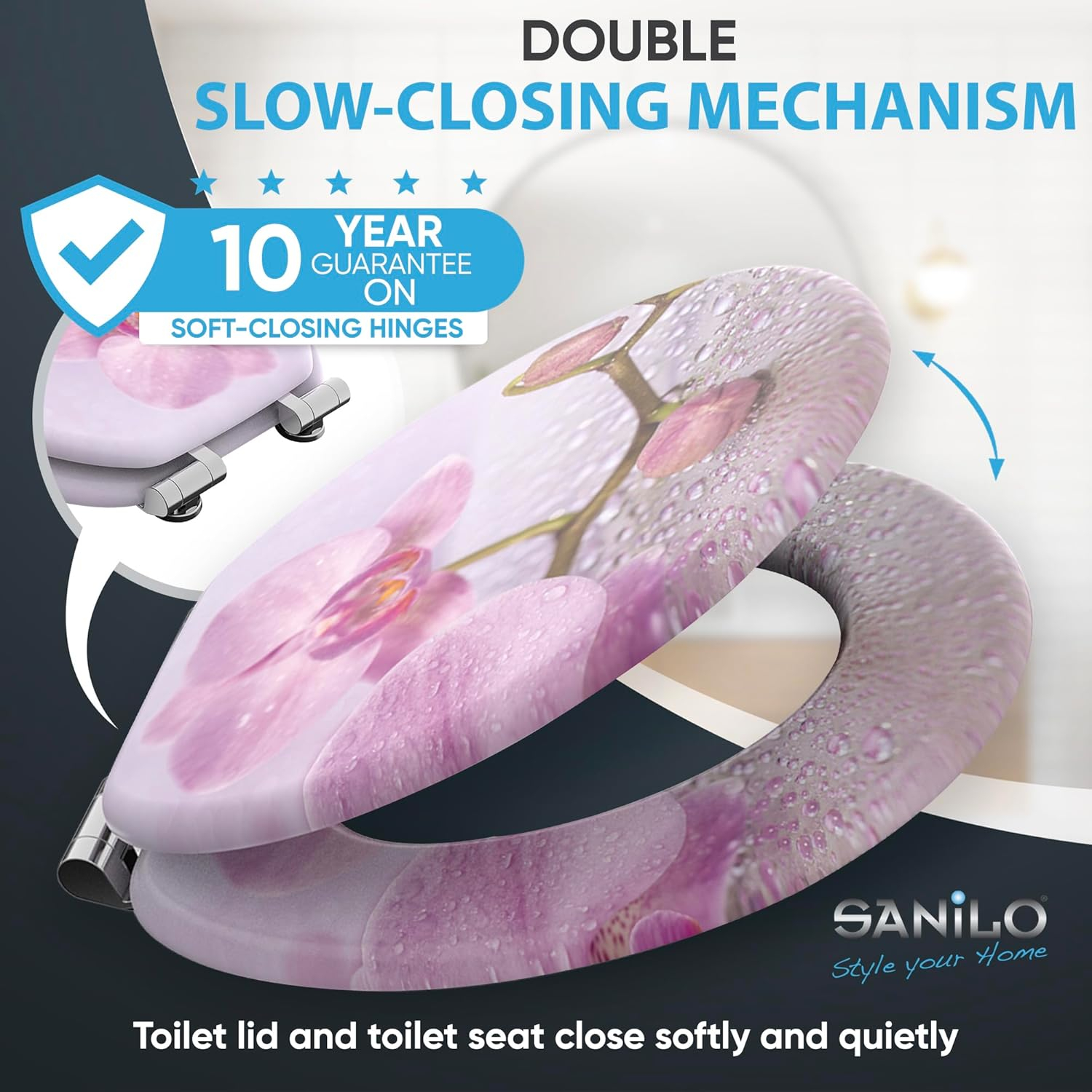 Sanilo Soft Close Toilet Seat ROUND, Quiet and Slow Close Lid and Seat, Strong Bumpers and Hinges, Blooming