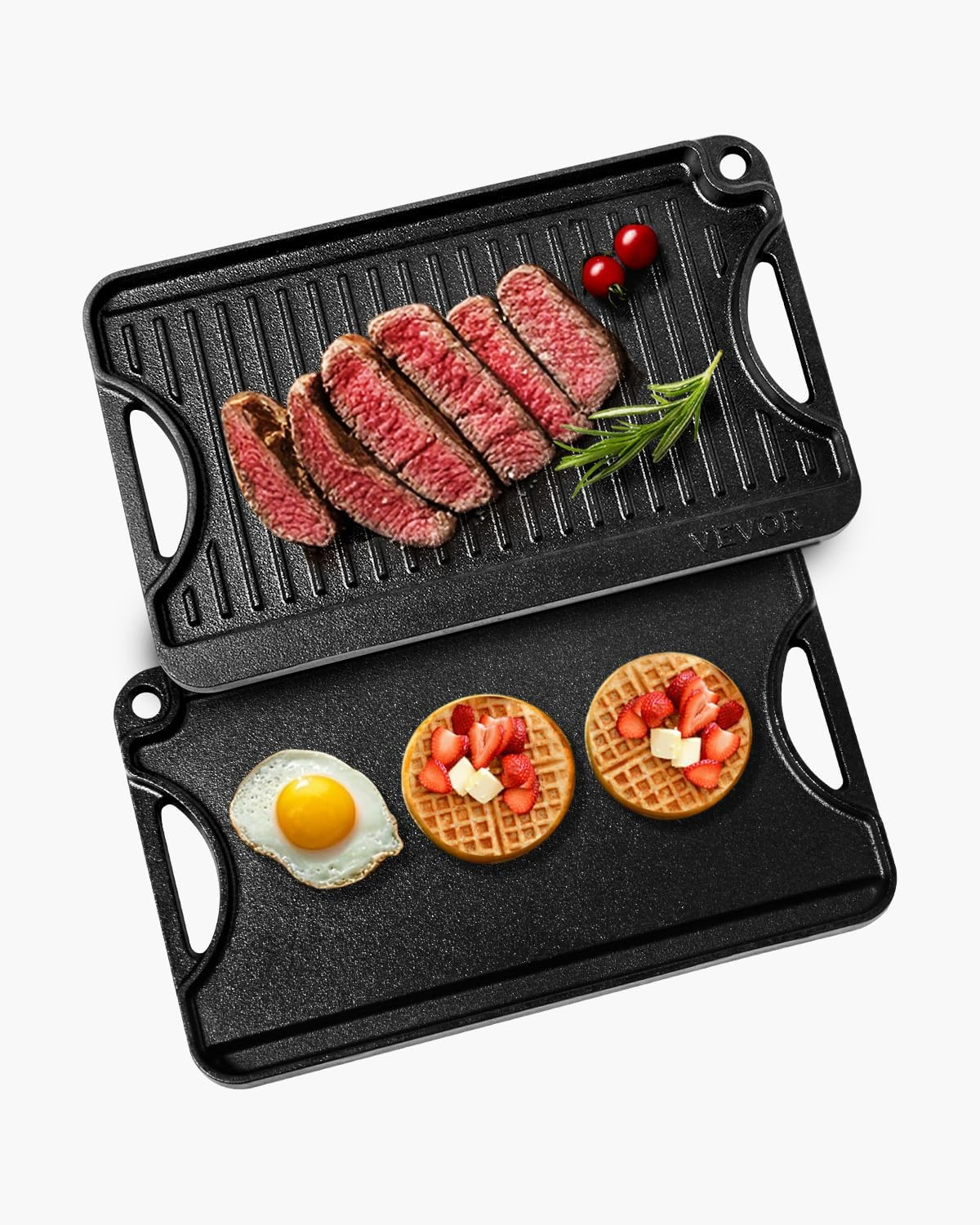 VEVOR Reversible Grill/Griddle, 14x8.5 inch Pre-Seasoned Cast Iron Griddle, Portable Rectangular Pan with Handle, Family Cookware for Indoor/Outdoor Stove Top Burner, Gas, Camping BBQ, Black