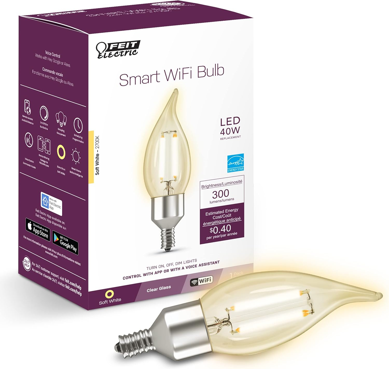 Feit Electric CFC40/927CA/FIL/AG 40 Watt Equivalent WiFi Dimmable, No Hub Required, Alexa or Google Assistant, Flame Tip Filament Chandelier LED Smart Light Bulb, 4.3" H x 1.4" D, 2700K Soft White