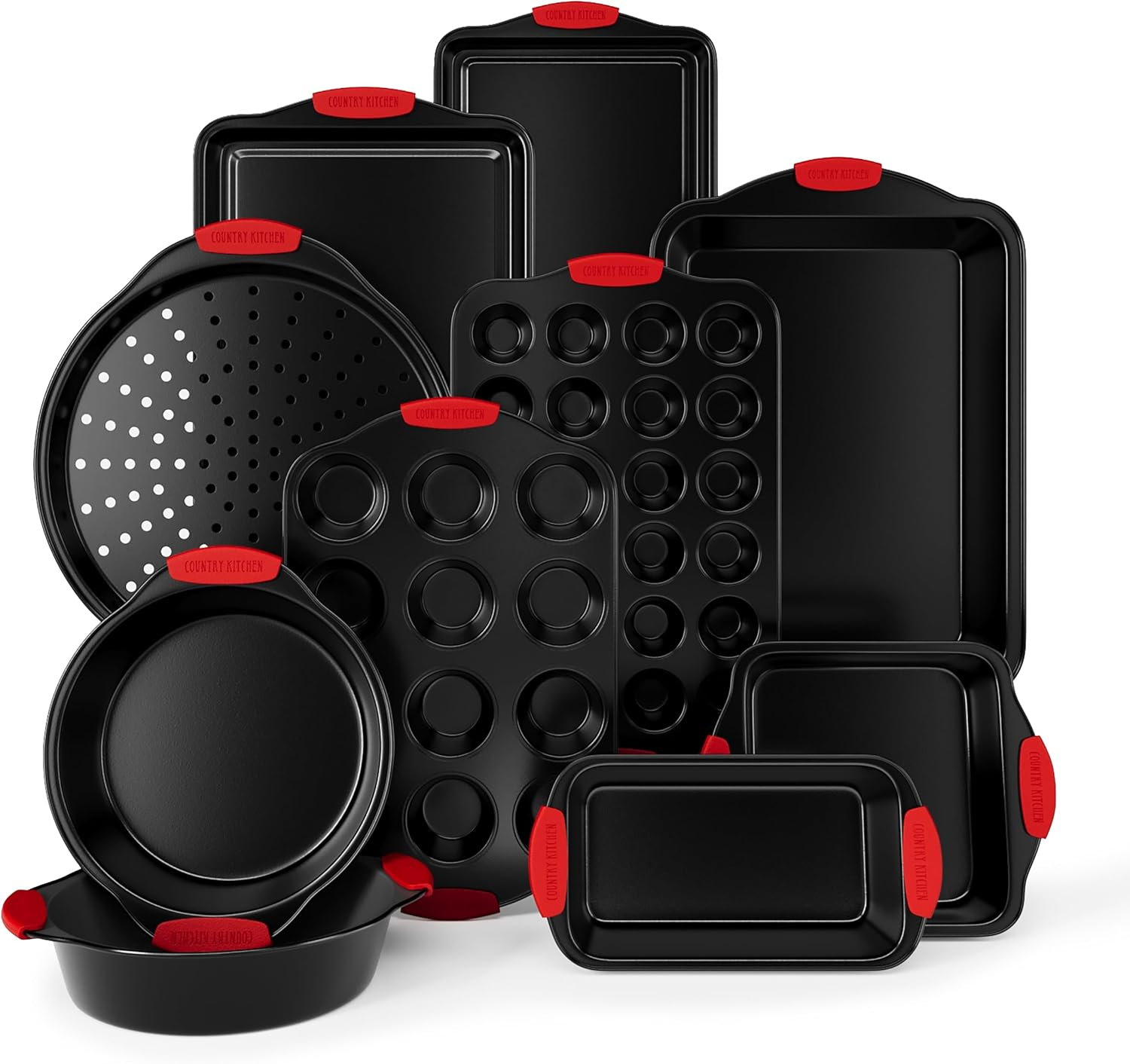 Nonstick Stackable Bakeware Set - Durable, Easy Release Baking Set, Red, 10 Pcs