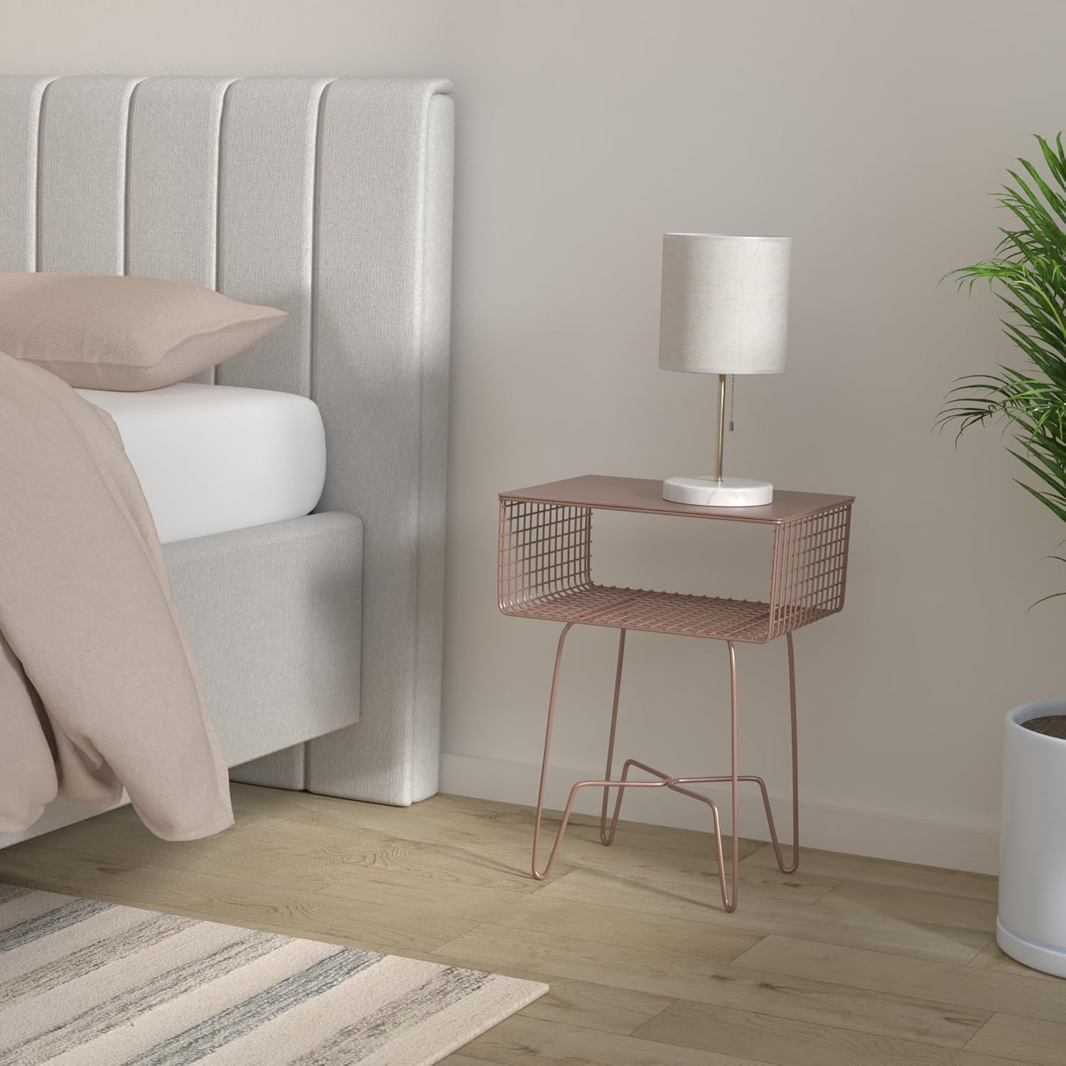 mDesign Steel Side Table Nightstand with Storage Shelf Basket for Bedroom, Living Room, Home Office; Rustic Bedside End Table, Industrial Modern Accent Furniture - Concerto Collection - Rose Gold