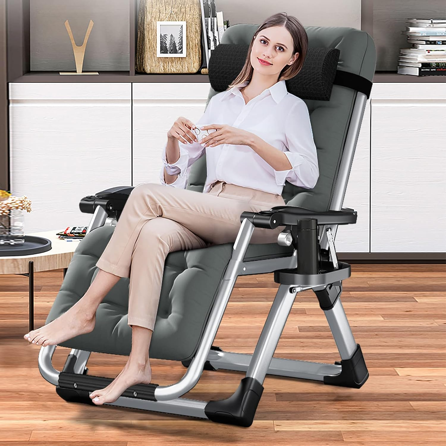 LILYPELLE Zero Gravity Chair, Premium Lawn Recliner Folding Portable Chaise Lounge with Detachable Cushion, Headrest and Cup Holder, Reclining Patio Lounger Chair,Alloy Steel