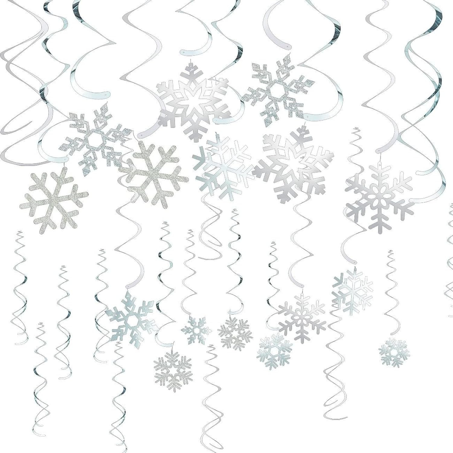 Juvale Christmas Snowflake Swirl Decorations for Holiday Party Decor (Silver, 30 Pack) - Hanging Snowflake Decorations - Silver Party