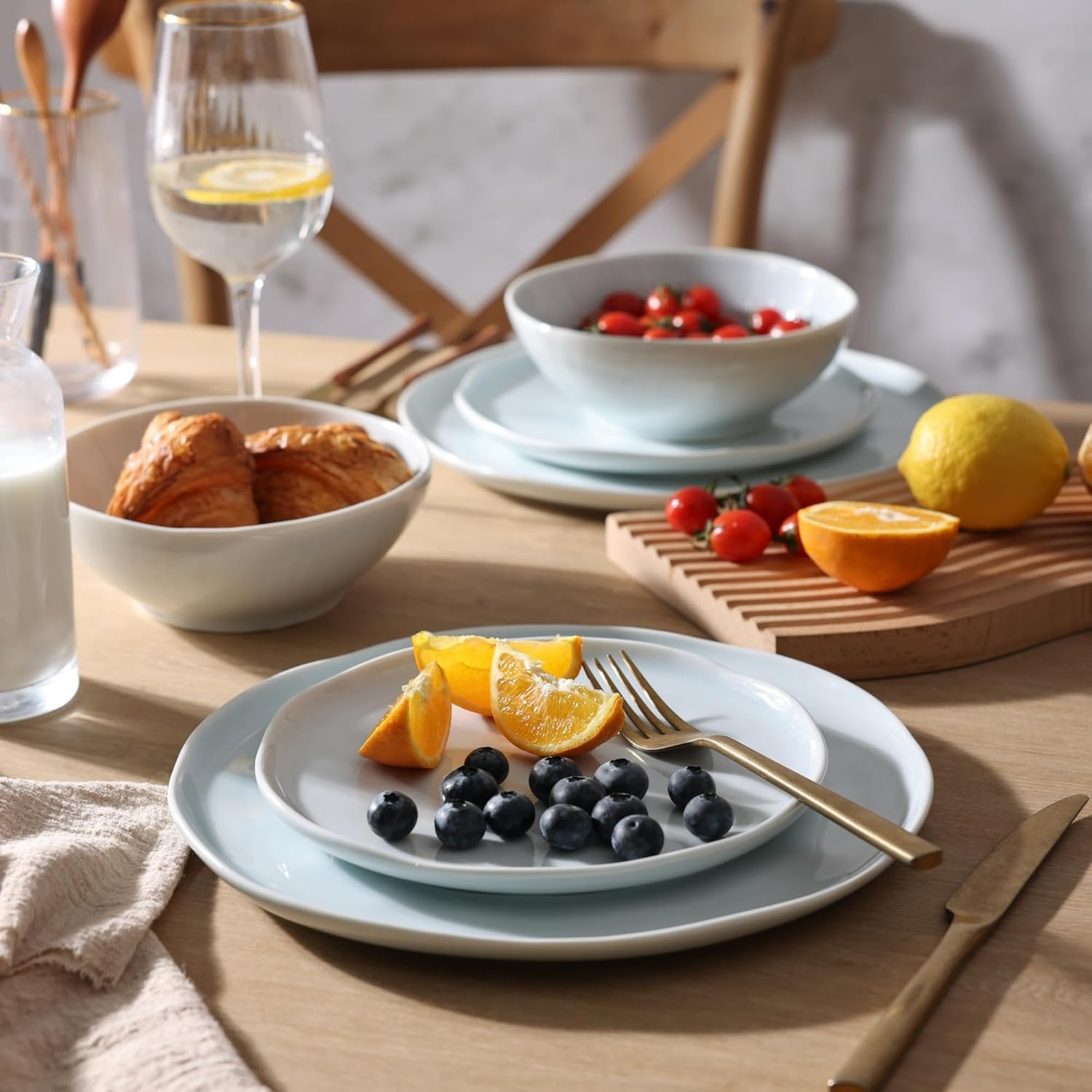 Hokku Designs Ceramic Dinnerware Sets For 6,Plates And Bowls Sets With Wavy Edge,Microwave & Dishwasher & Oven Safe,Light Weight & Scratch Resistant Dishes Sets-Service For 6 (18Pcs)-Light Jean Blue