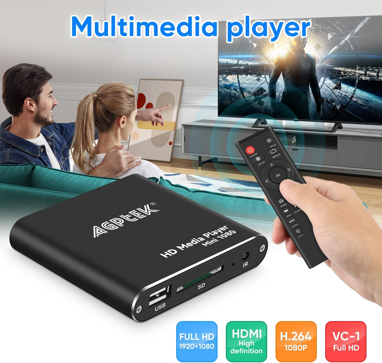 HDMI Media Player, Black Mini 1080p Full-HD Ultra HDMI Digital Media Player for -MKV/RM- HDD USB Drives and SD Cards
