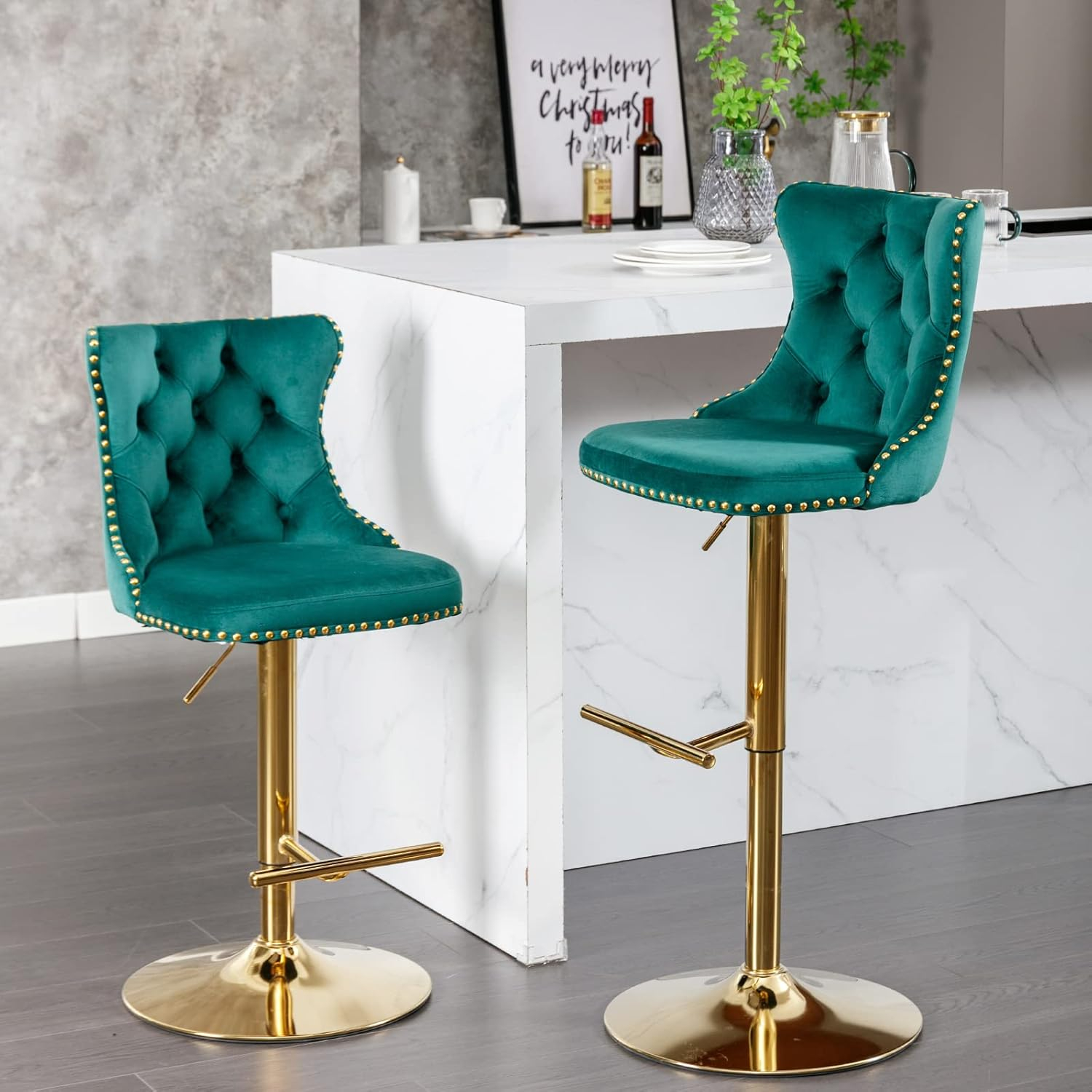 Swivel Counter Height Bar Stools Set of 2, Green Kitchen Island Barstools, Velvet Adjustable Bar Height Stool Chairs, Tufted Back, Gold Metal Base, Sillas para Barra de Cocina (Green, Velvet, 2 Pcs)