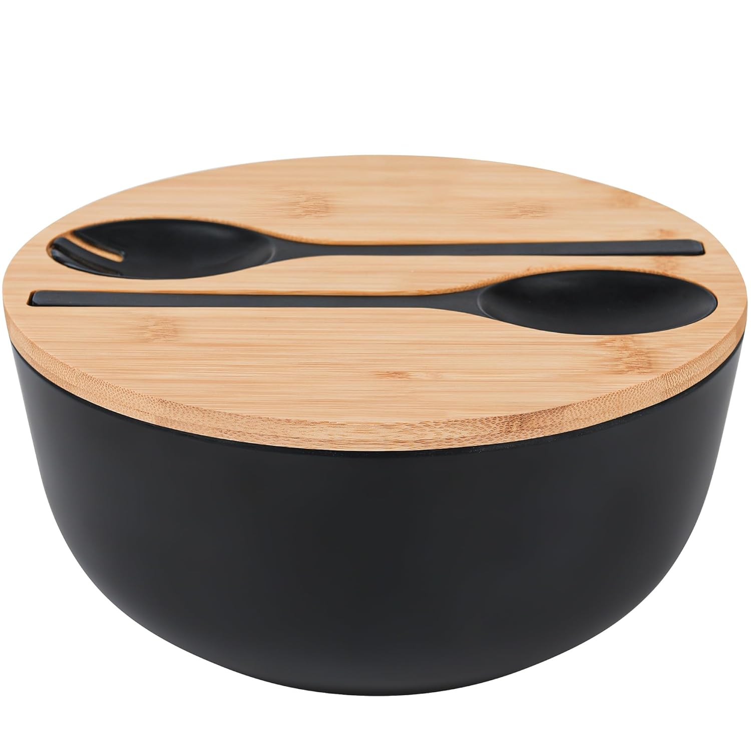 GEHE Bamboo Fiber Salad Bowl with Servers Set - Large 9.8 inches mixing bowls Solid Bamboo Salad Wooden Bowl with Bamboo Lid Spoon for Fruits,Salads and Decoration (Black, 9.8INCH)