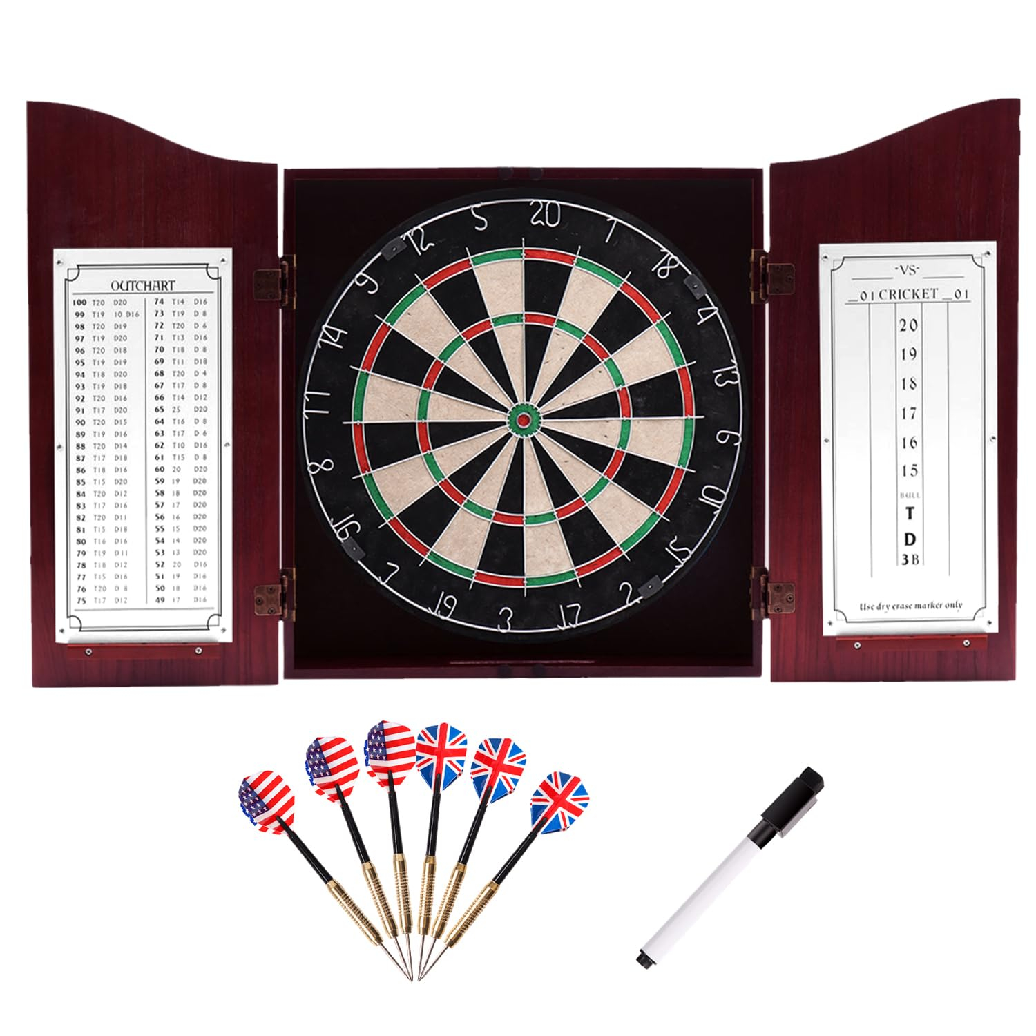 GSE Games & Sports Expert Deluxe Solid Wood Classic Dartboard Cabinet Set with Sisal Fiber Dartboard, Dart Scoreboard and 6 Steel Tip Darts for Target Game Indoor Game (Dark Cherry)