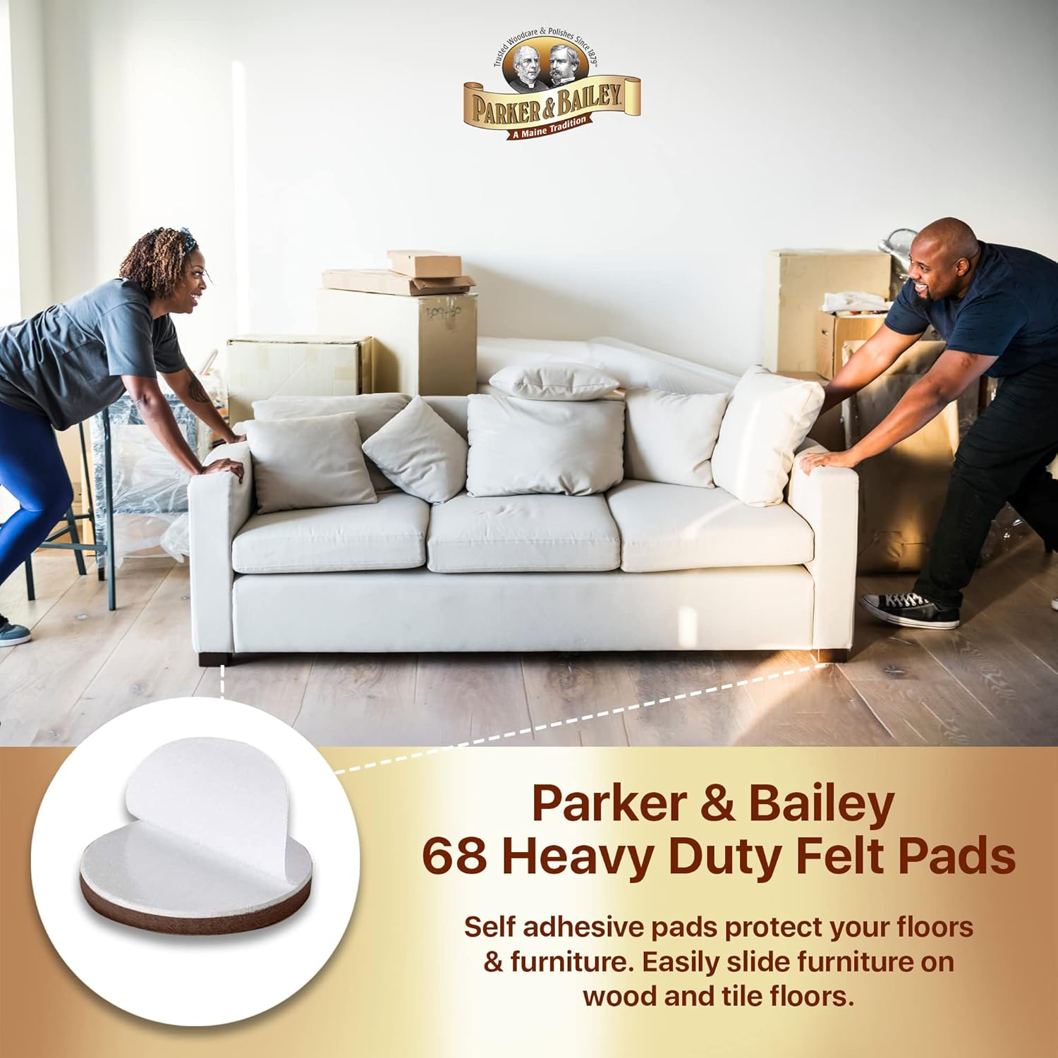 PARKER & BAILEY Felt Pads - 68 Heavy Duty Felt Sliders/Bumpers to Protect Floors & Furniture. Easily Slide Furniture on Hardwood Floors, Laminate Wood or Protect Furniture Feet, Assorted Sizes