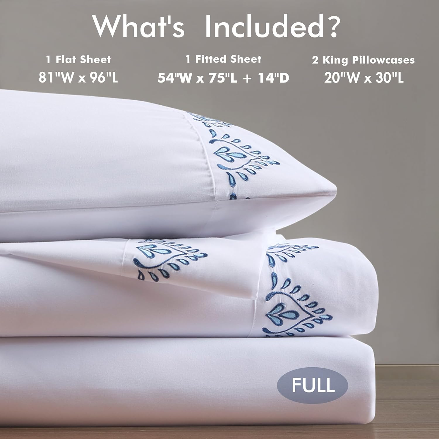 Madison Park Full Blue Blossom Embroidered Microfiber Sheet Set