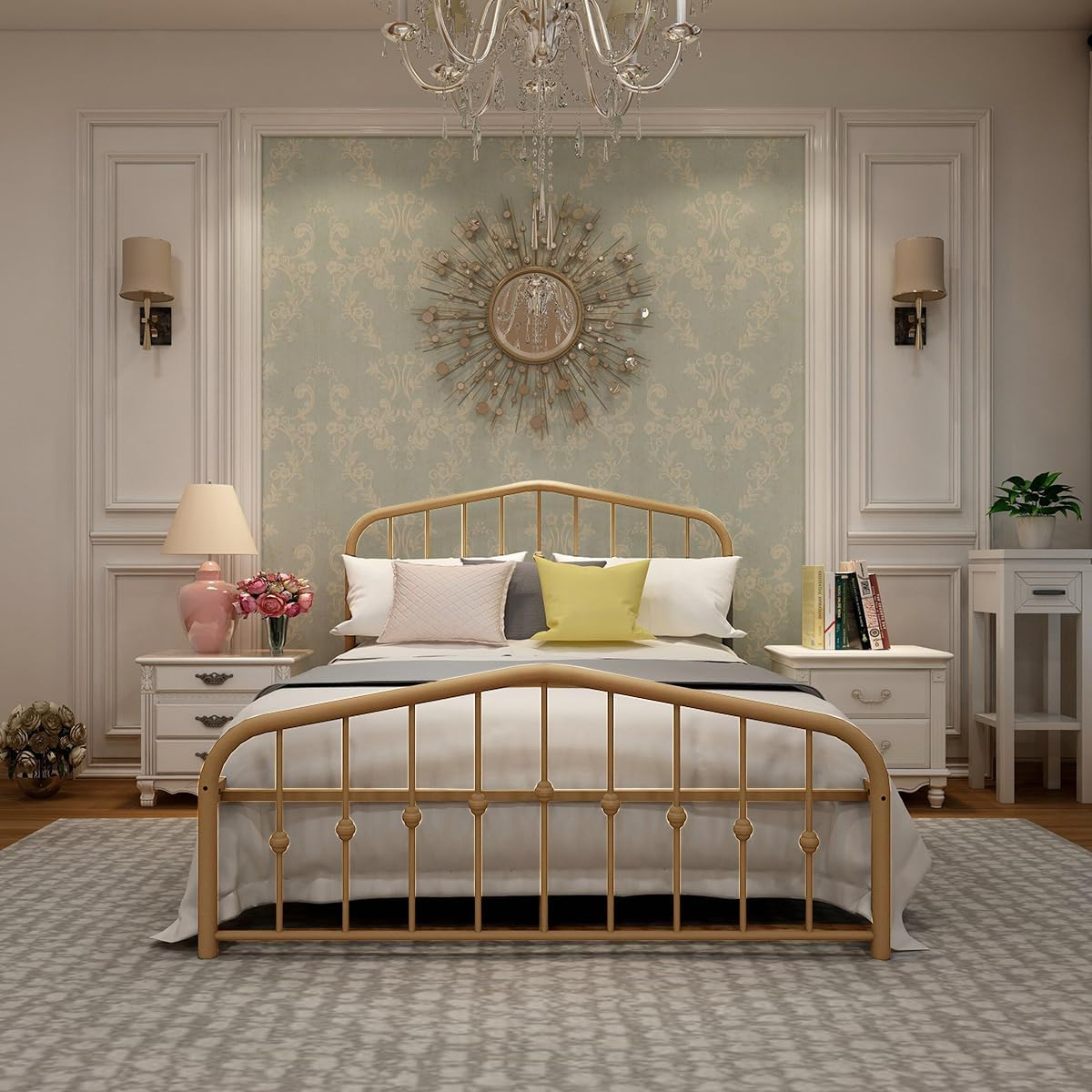 alazyhome Metal Bed Frame Full Size Platform No Box Spring Needed with Vintage Headboard and Footboard Premium Steel Slat Support Mattress Foundation Gold