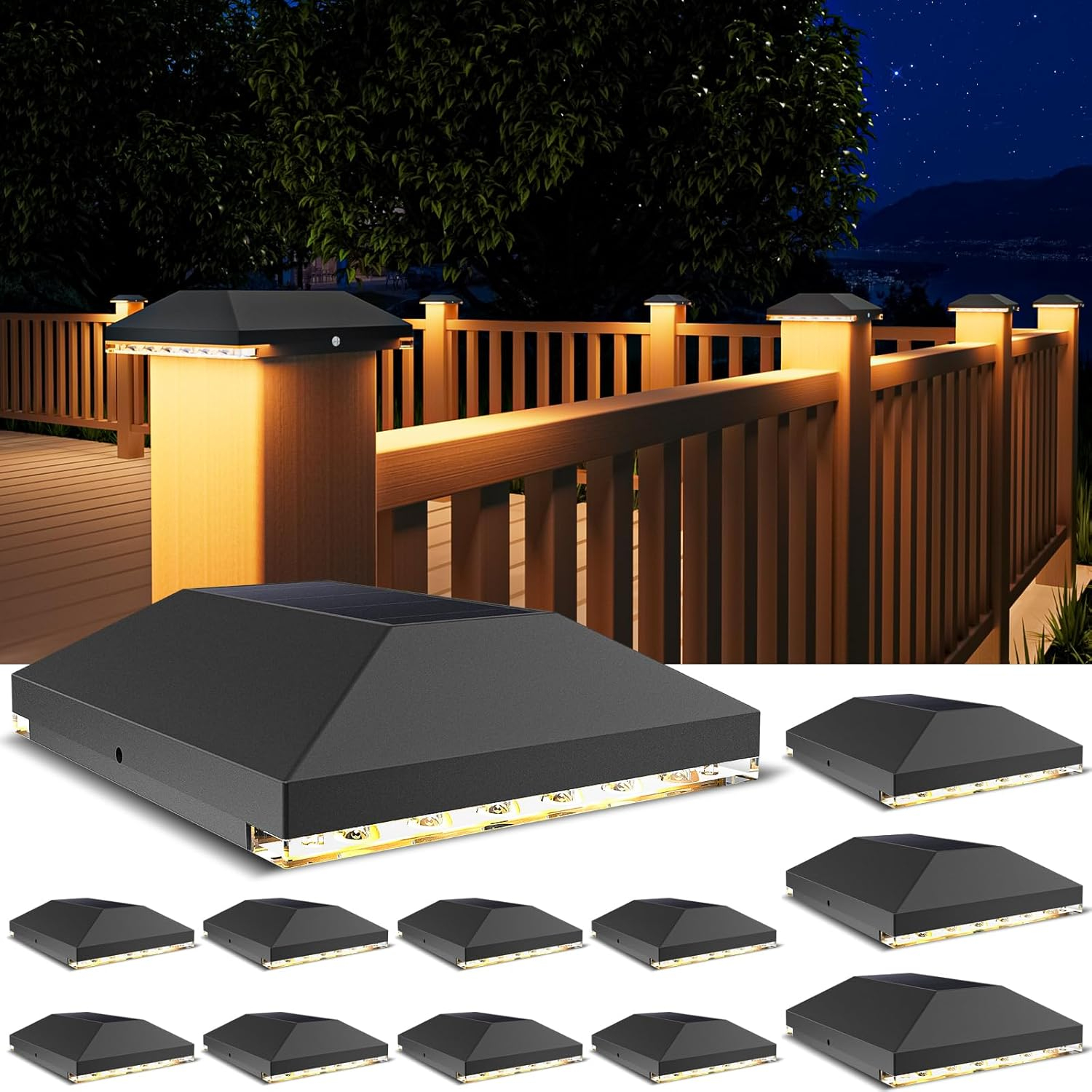VOLISUN 4x4 Solar Fence - Post Lights Outdoor Waterproof 12pack, Deck Cap Light for 4x4 Wooden/4x4 Vinyl,Black Solar Fence Post Cap Light for Garden/Patio/Porch