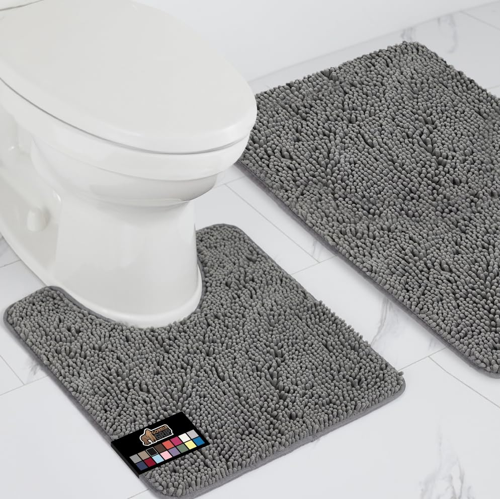 GORILLA GRIP Bathroom Rug and Toilet Base Floor Rugs Set, Quick Dry Plush Chenille, 30x20 Carpet, Gray