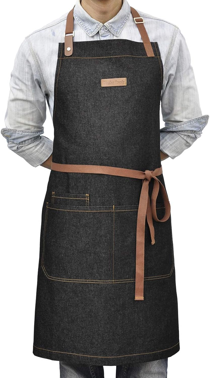 Apron with Pockets, Mens Womens Chef Bib Apron for Kitchen Cooking Grill BBQ Baking Server with Towel Loop