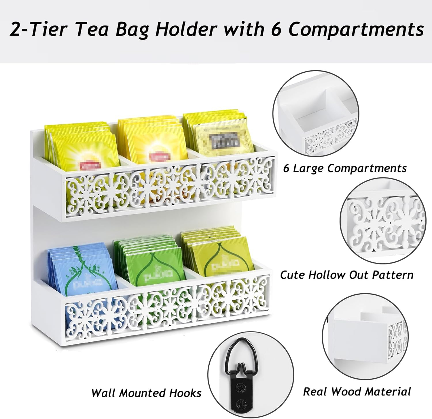 QILICHZ Tea Bag Organizer 2 Tier Wood Tea Bags Holder Wall Mounted Tea Box for Tea Bags Organizer Rustic Tea Chests for Tea Storage Coffee Display for Café, Home, Office