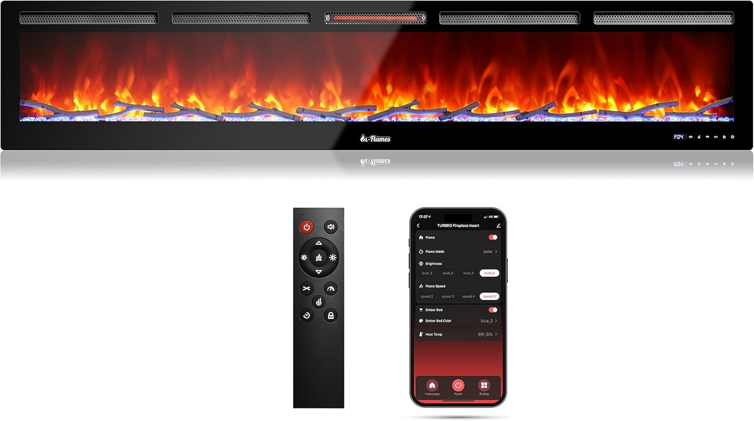 TURBRO 88” Smart WiFi Infrared Electric Fireplace with Sound Crackling and Realistic Flame, 1500W Quartz Heater, Recessed or Wall Mounted, Adjustable Flame Effects, Remote Control and App, in Flames