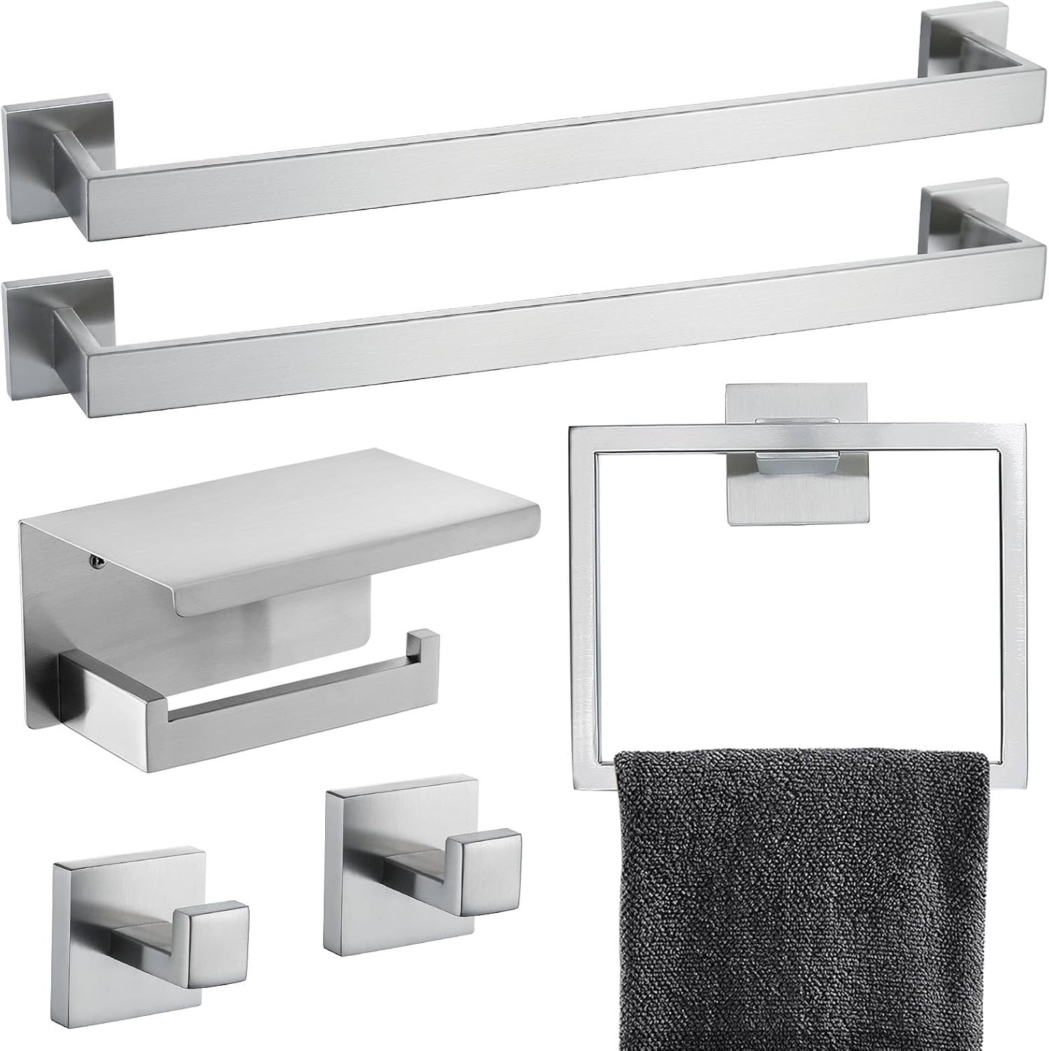 Brushed Nickel Bathroom Towel Bar Set Bathroom Accessories Hardware Set Including Double Towel Bar Towel Ring Coat Hook and Toilet Paper Holder with Shelf. Wall Mounted Stainless Steel