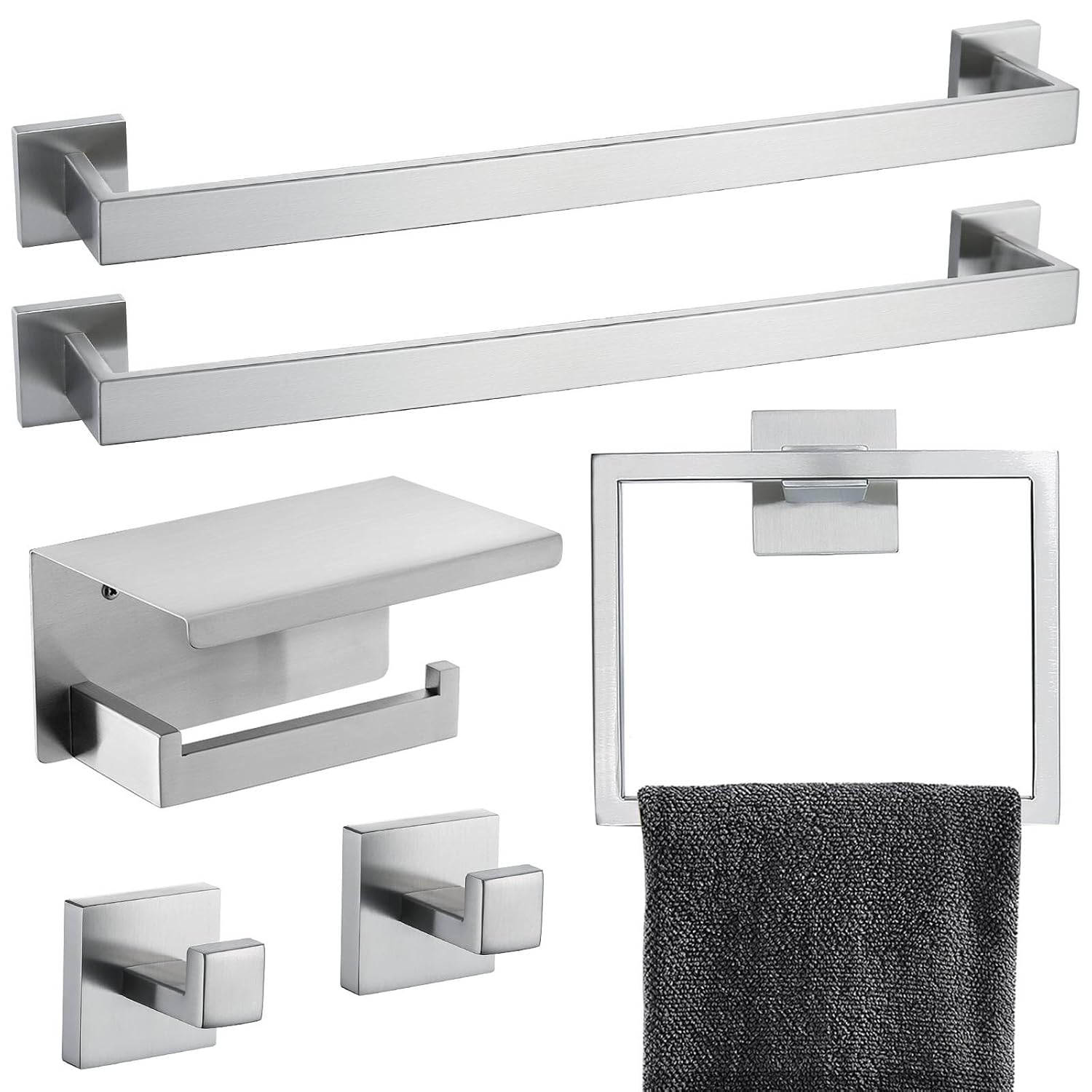 Brushed Nickel Bathroom Towel Bar Set Bathroom Accessories Hardware Set Including Double Towel Bar Towel Ring Coat Hook and Toilet Paper Holder with Shelf. Wall Mounted Stainless Steel