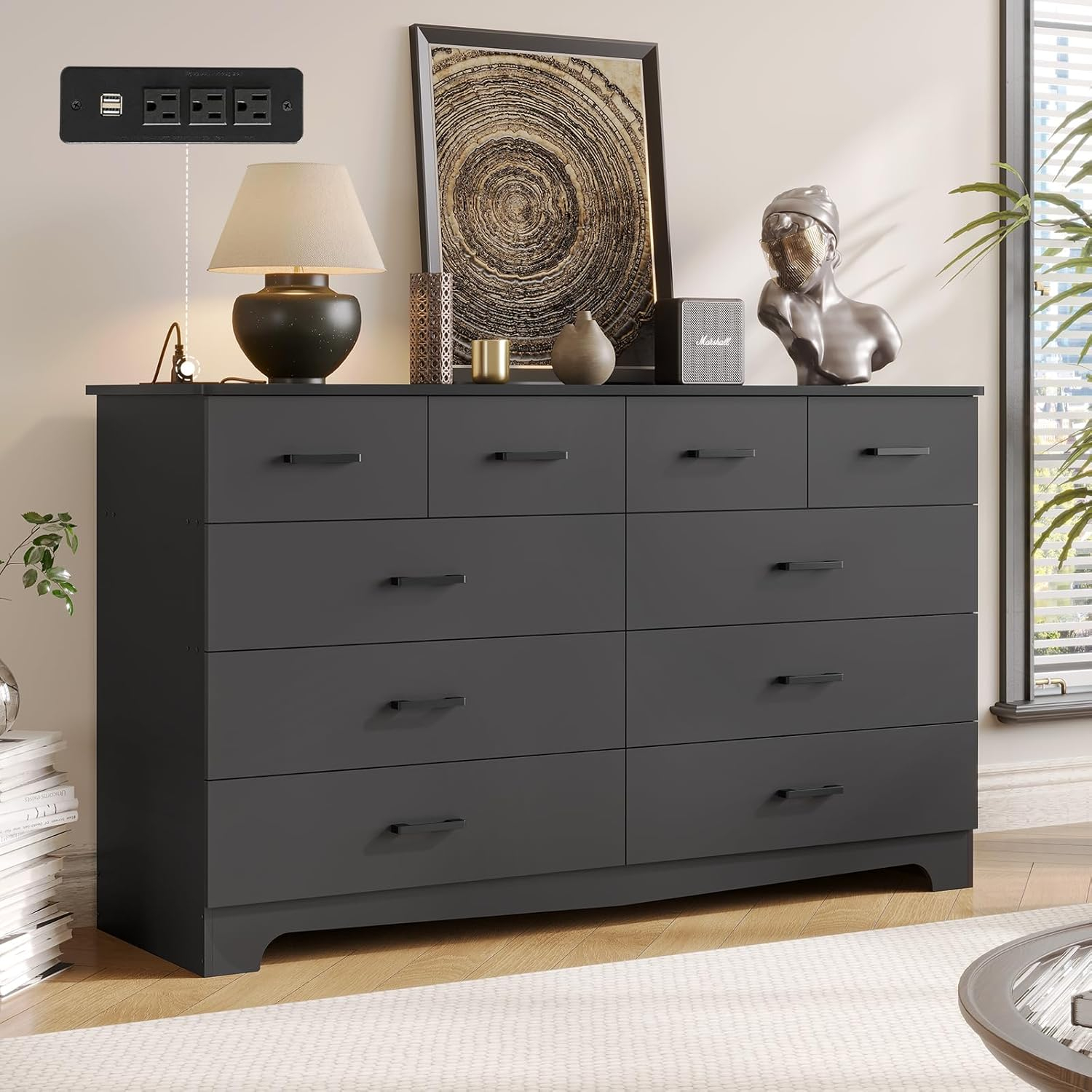 10 Drawers Dresser for Bedroom, Chest of Drawers with Charging Station, Bedroom Storage Organizer, Black