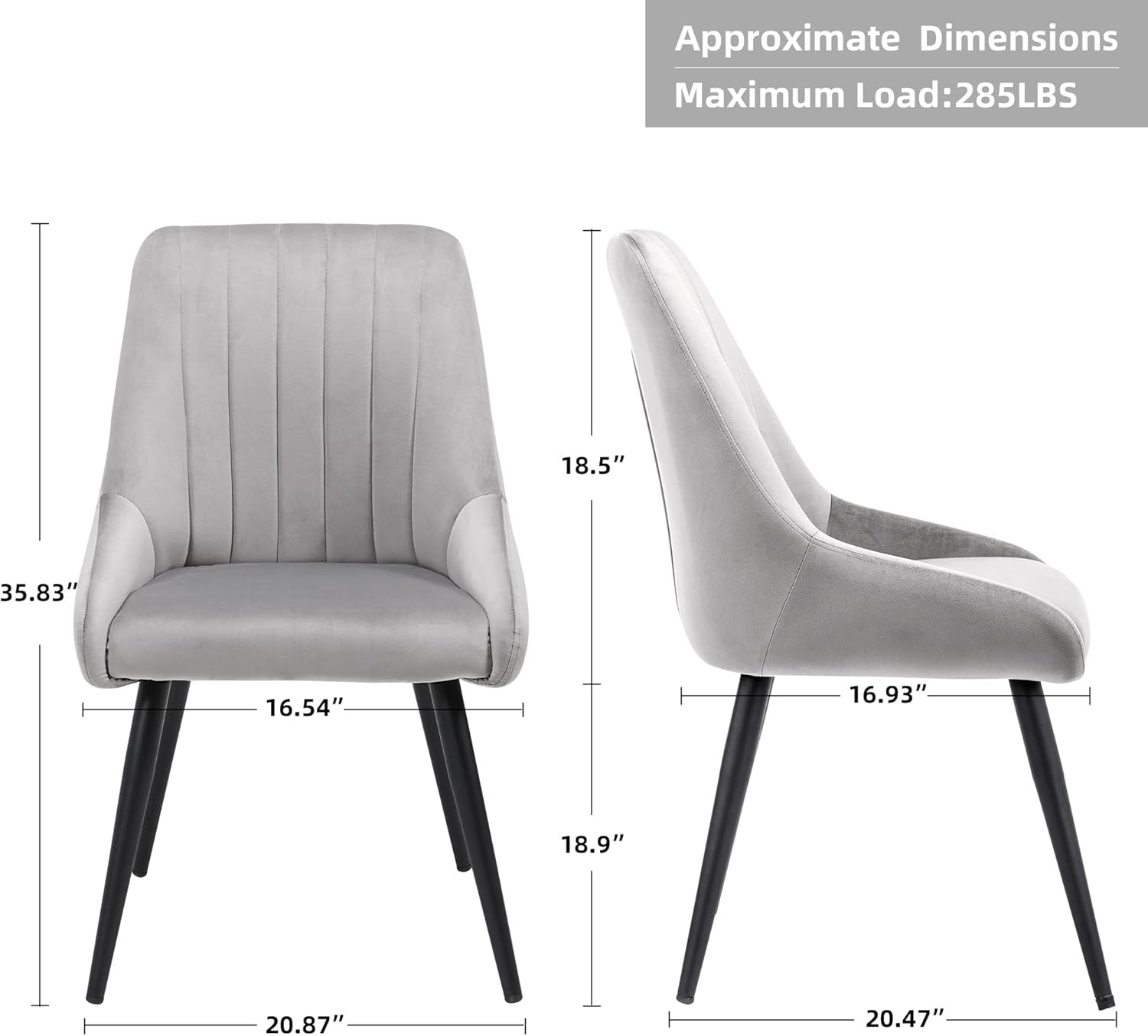 Set of 2 Gray Velvet Upholstered Dining Chairs with Metal Legs