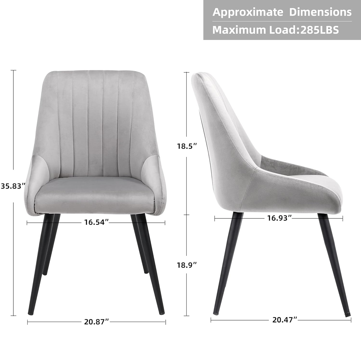 Set of 2 Gray Velvet Upholstered Dining Chairs with Metal Legs