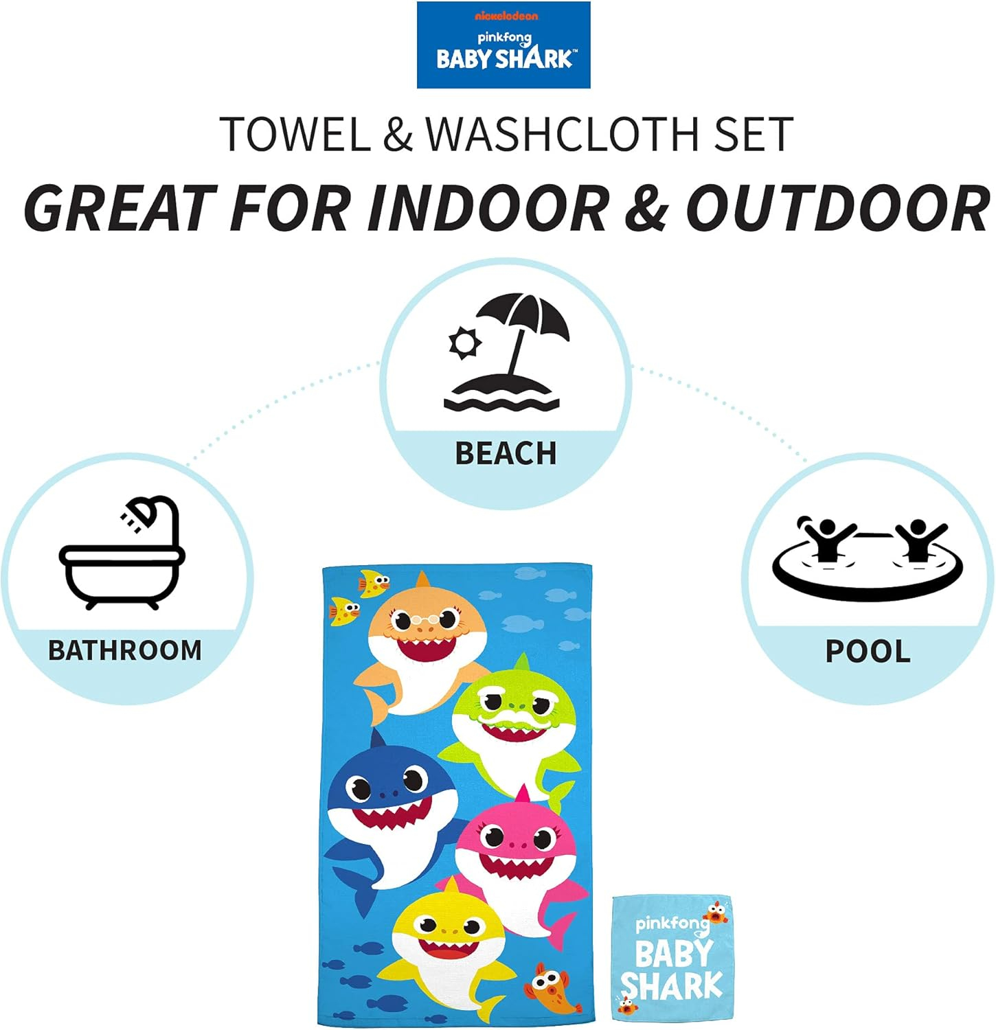 Franco Kids Bath and Beach Soft Cotton Terry Towel with Washcloth Set, 25" x 50", Baby Shark
