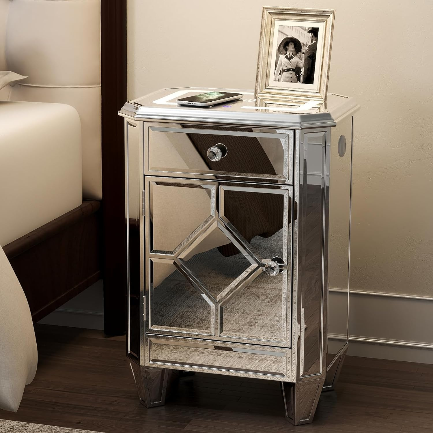 COSVALVE 3 Drawers Mirrored Nightstand Silver Glass Crystal Design Rectangle End Table with Wireless Charging Station, LED Lights, Charge USB Port