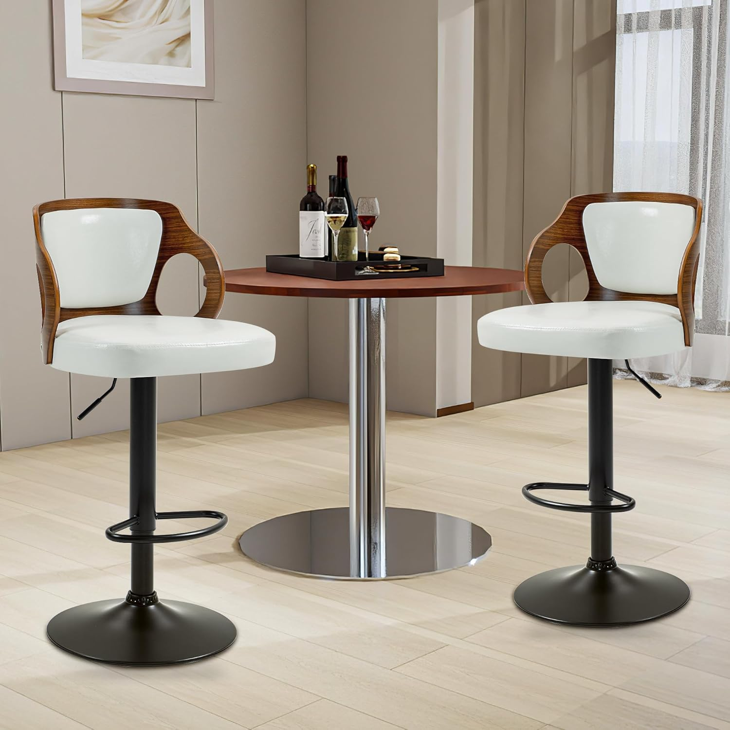 ECOTOUGE Swivel Bar Stools Set of 2, Height Adjustable Island Stools with Bentwood Back, Faux Leather Counter Height Bar Stools for Kitchen, Pub and Cafe, White