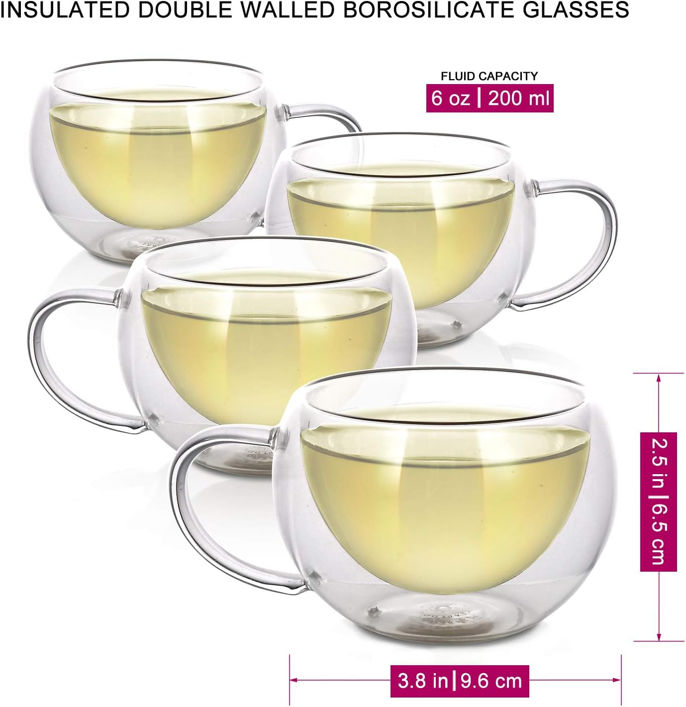 Teabloom MODERN CLASSIC® Double Walled Cups – Insulated Glass Cups - 6oz / 200ml (Set of 4)
