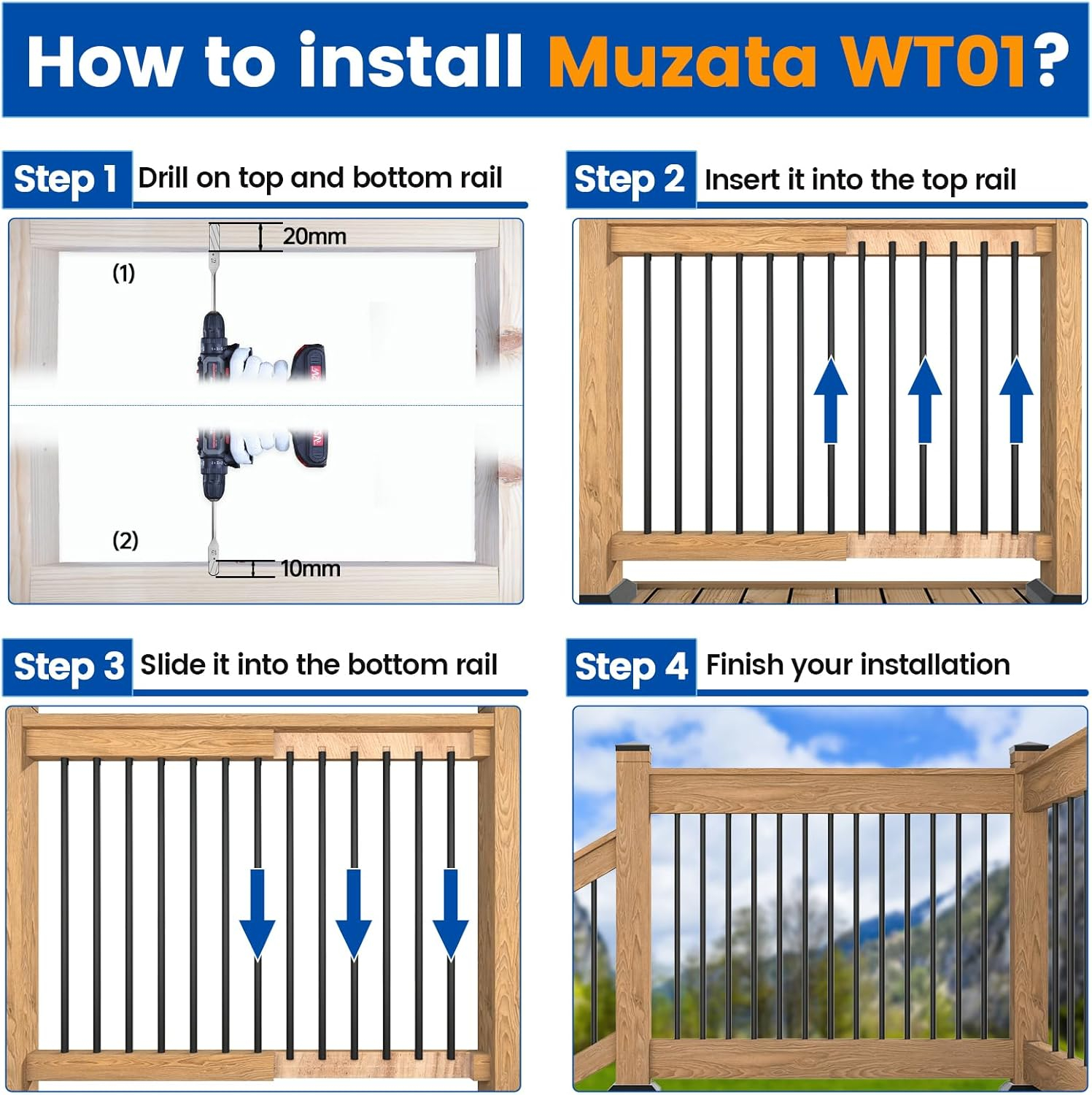 Muzata 100Pack 36" Aluminum Deck Balusters Round Black Deck Railing Stair Porch Staircase Spindles 3/4" Diameter Hollow for Railing Fencing Porch Stair WT01