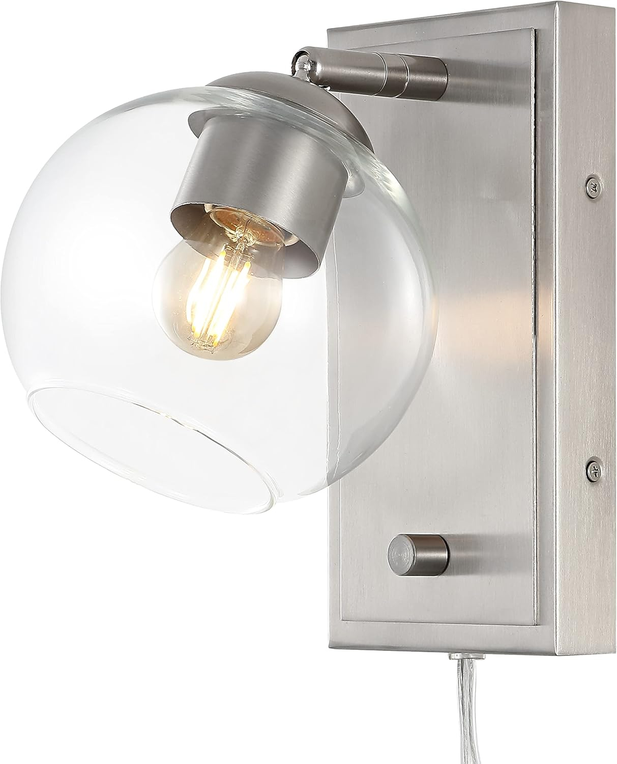 Hugo 6" 1-Light Minimalist Modern Plug-In or Hardwired Adjustable Iron LED Wall Sconce with Rotary Dimmer, Nickel with Clear Globe
