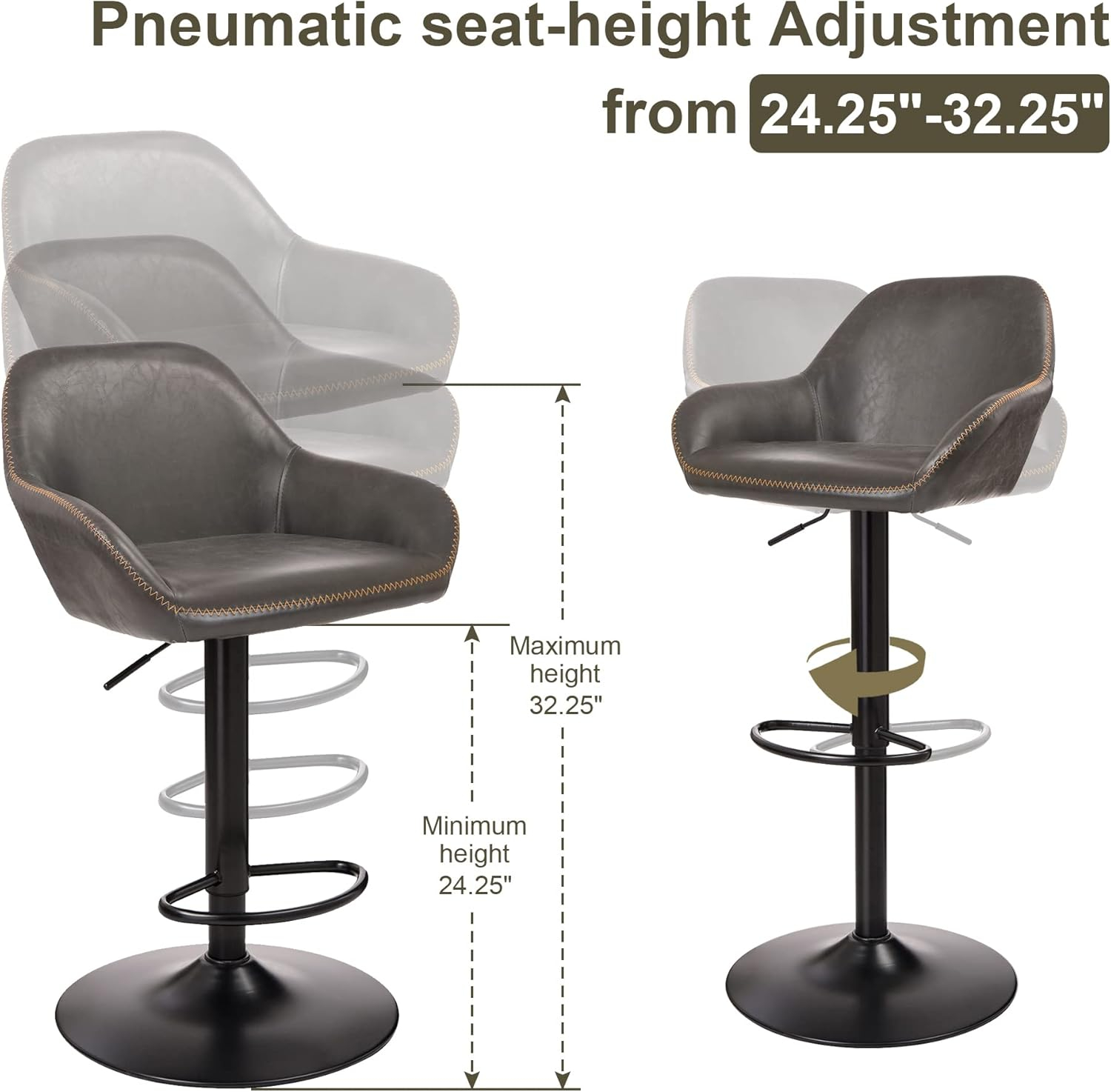 Glitzhome  42"H Mid-Century Adjustable Faux Leather Swivel Bar Stools Low Back Grey Set of 2 Foam, Steel Faux Leather, Foam Footrest, Padded Seat,