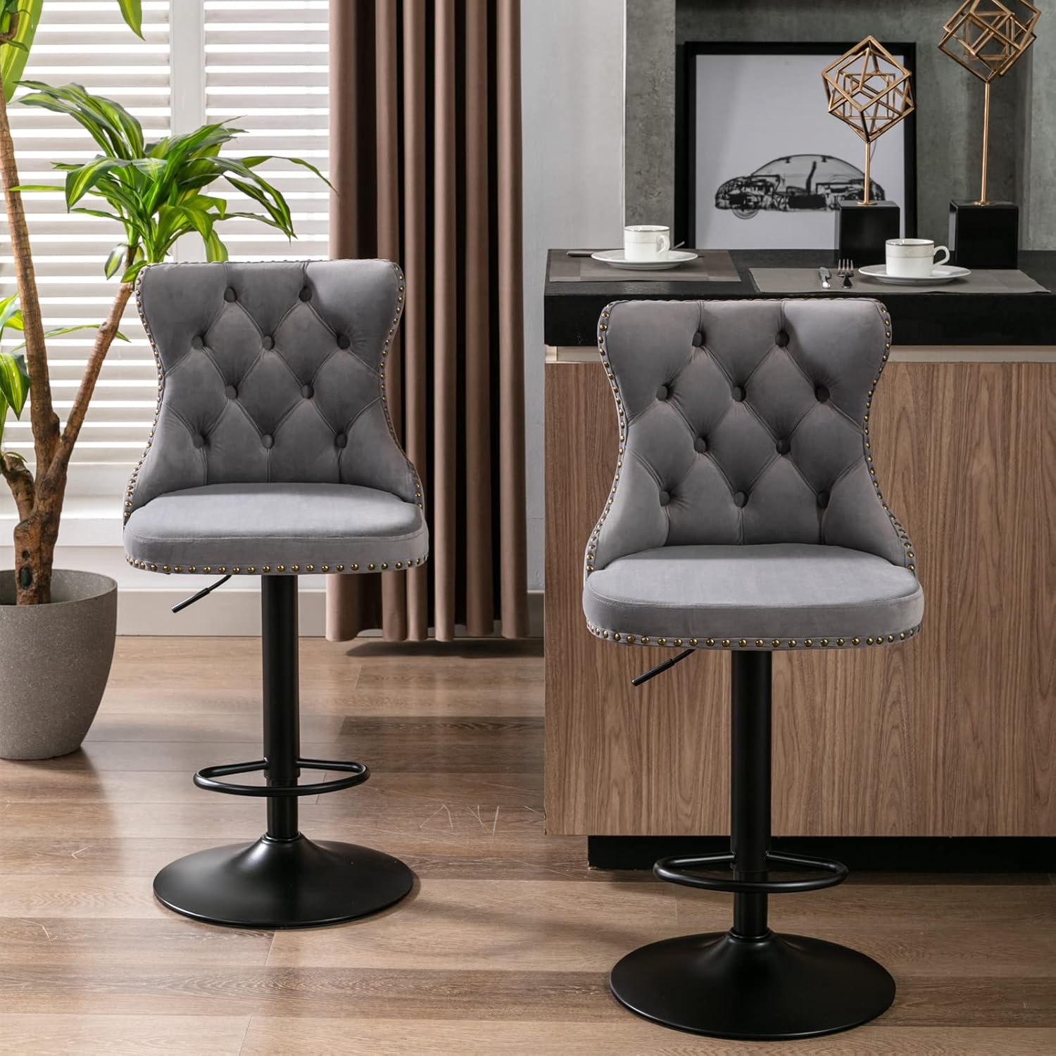 Swivel Bar Stools Set of 2, Adjustable Velvet Counter Height Barstools for Kitchen Island Dining Room, Modern Bar Chairs with Back, Nailheads Trim, Button Tufted