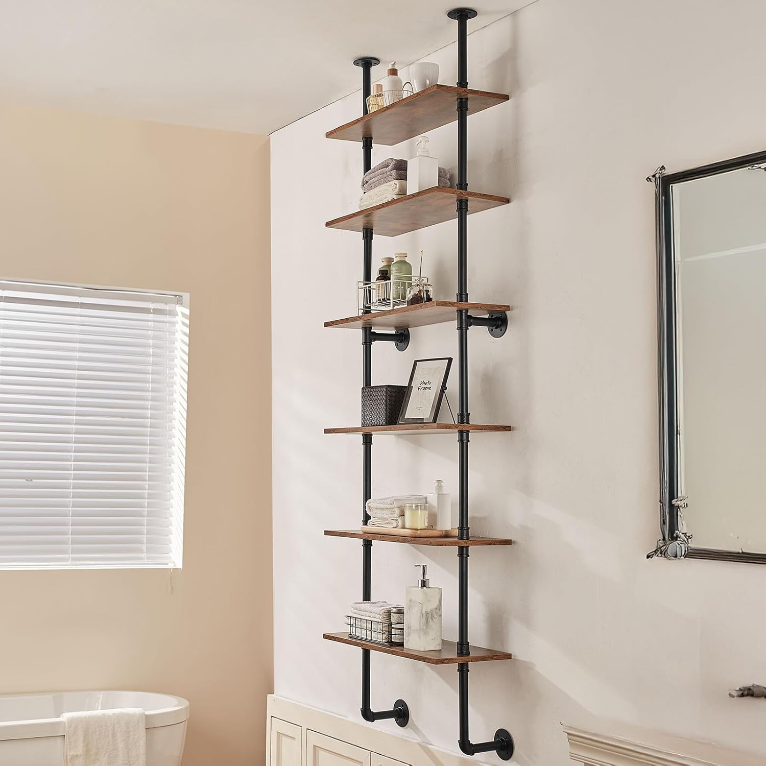 VEVOR Industrial Pipe Shelf, 6 Tier 24x9.84in, Wall-Mount Floating Rustic Wood Shelves Bracket Display Bookshelf, Storage Rack Sundries Holder for Kitchen Bedroom Bathroom Living Room, Black