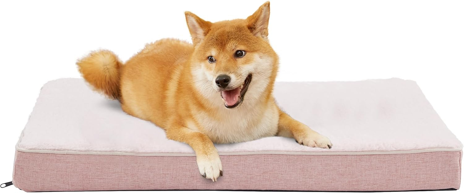 Memory Foam Large Dog Bed, Orthopedic Dog Crate Bed with Cooling Gel Foam, Waterproof Liner and Washable Cover, Joint Relief Pet Sleeping Bed for Medium Large Dogs (Pink)